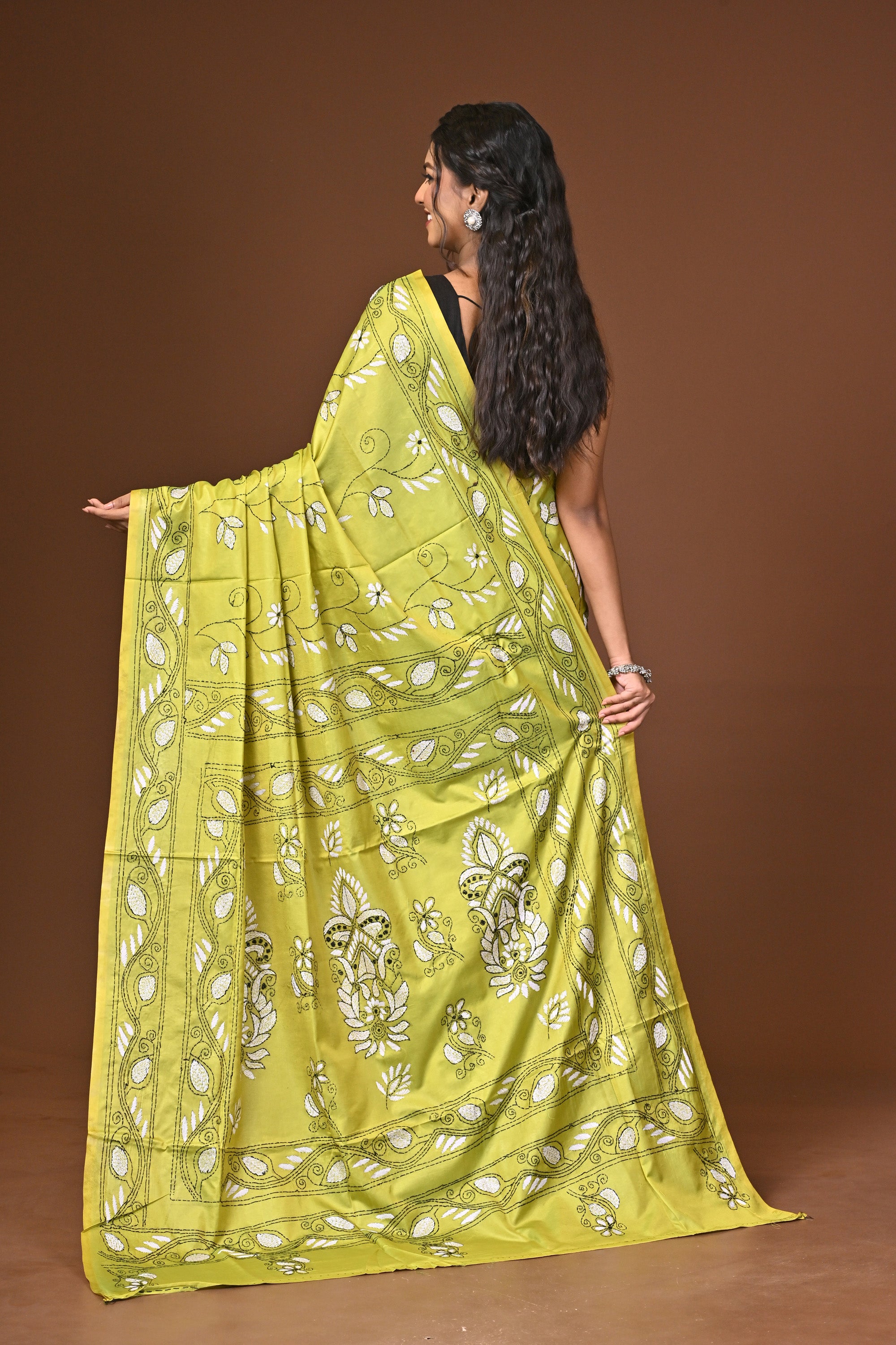 Blended Silk Kantha Stitch Saree Lime Green Thumbnail