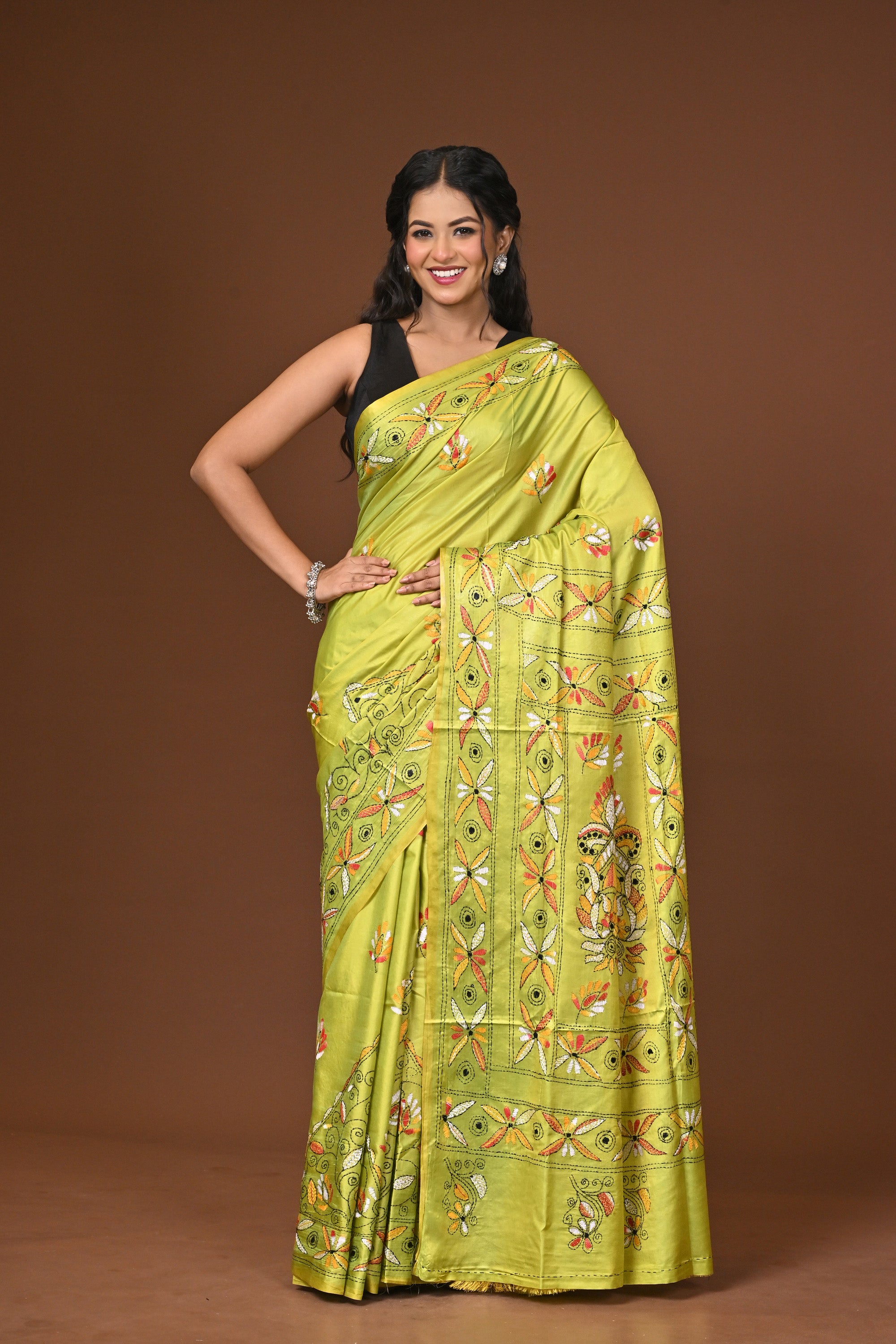Blended Silk Kantha Stitch Saree Lime Yellow Thumbnail