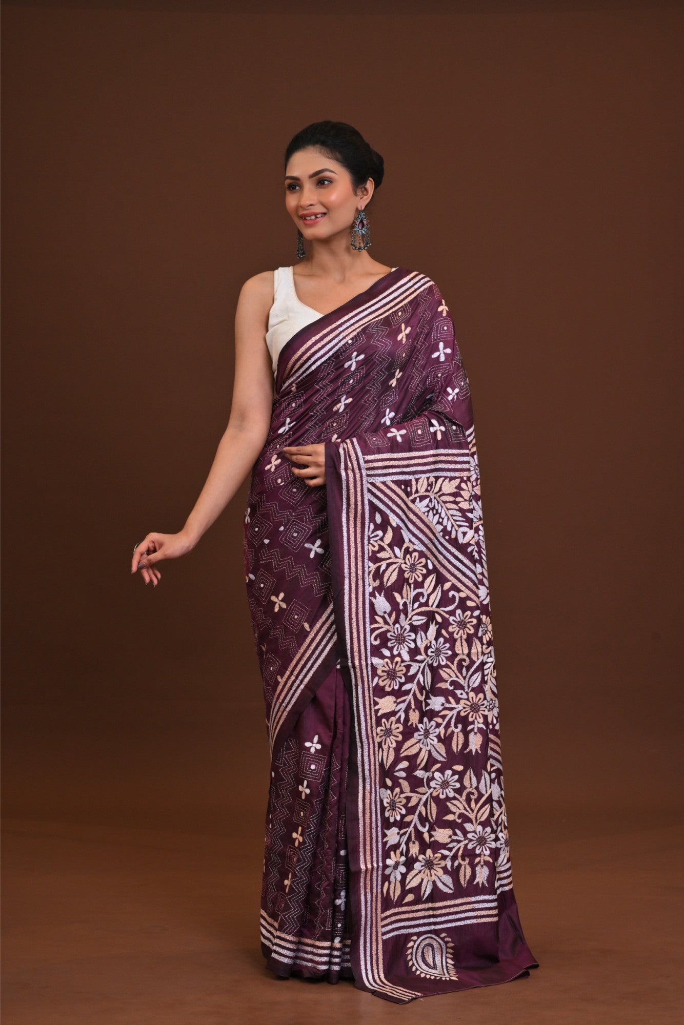 Blended Silk Kantha Stitch Saree Maroon Thumbnail
