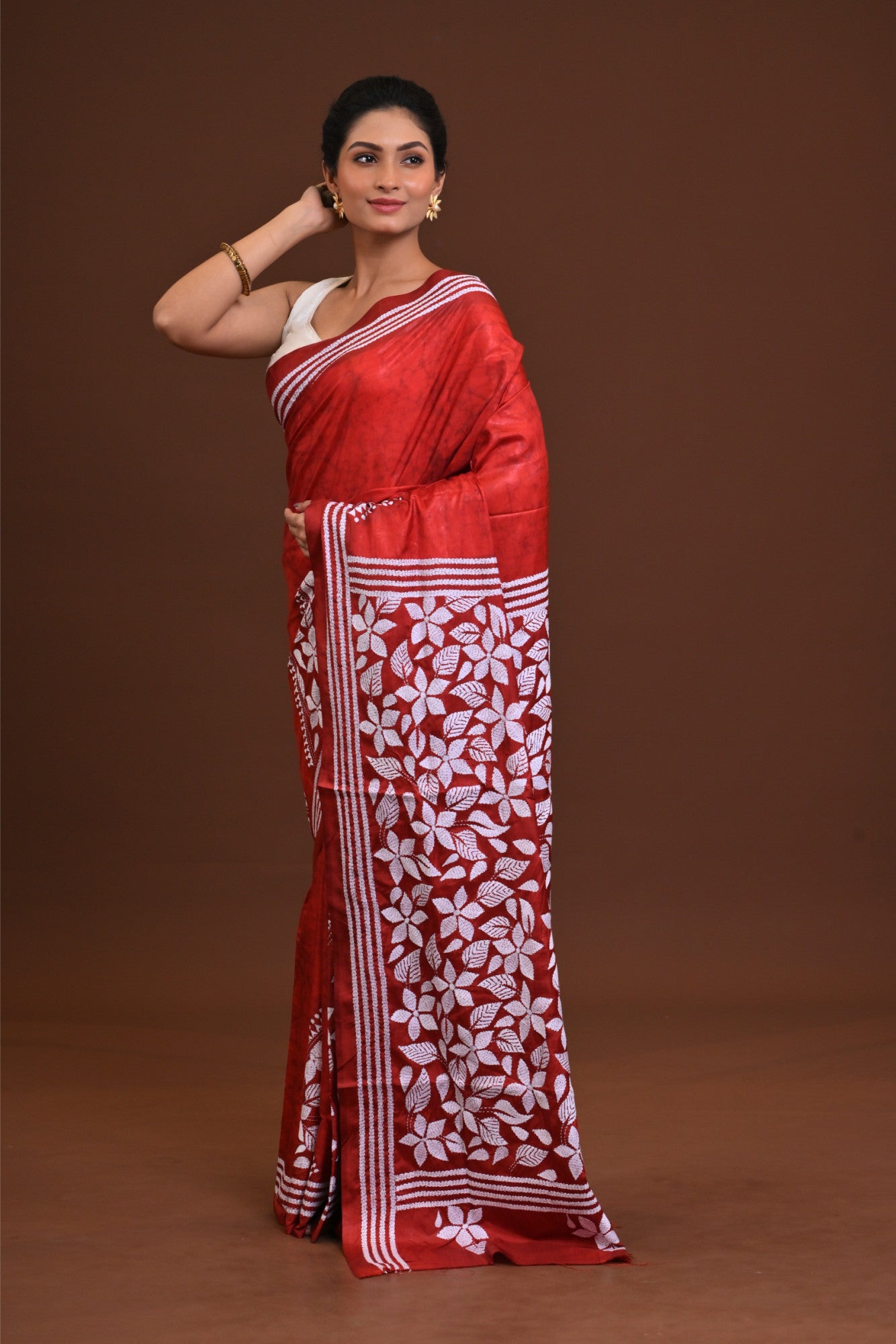 Blended Silk Kantha Stitch Saree Maroon Thumbnail
