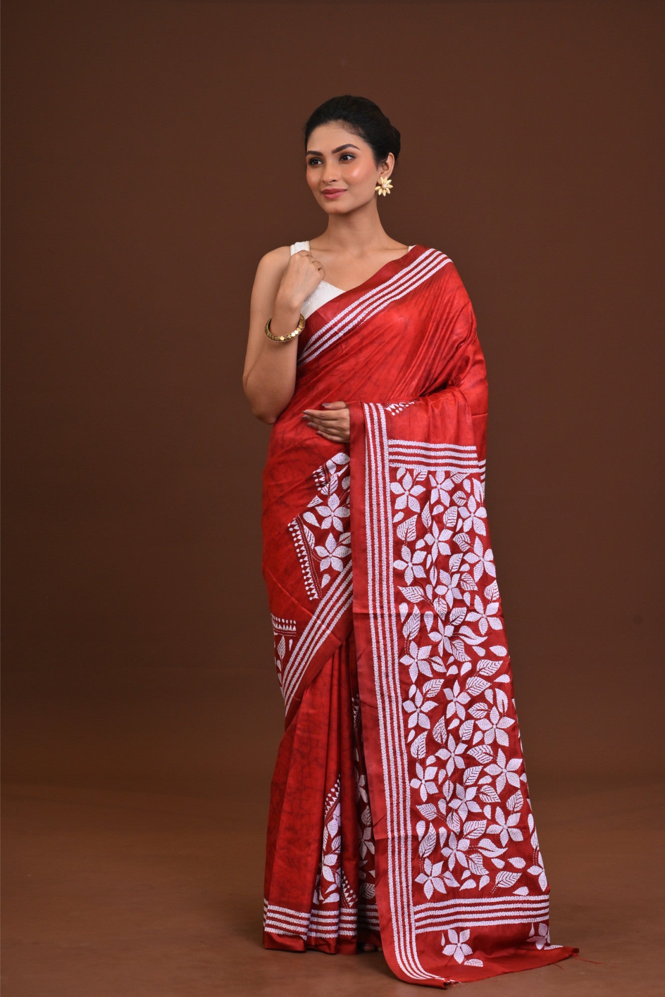 Blended Silk Kantha Stitch Saree Maroon Thumbnail
