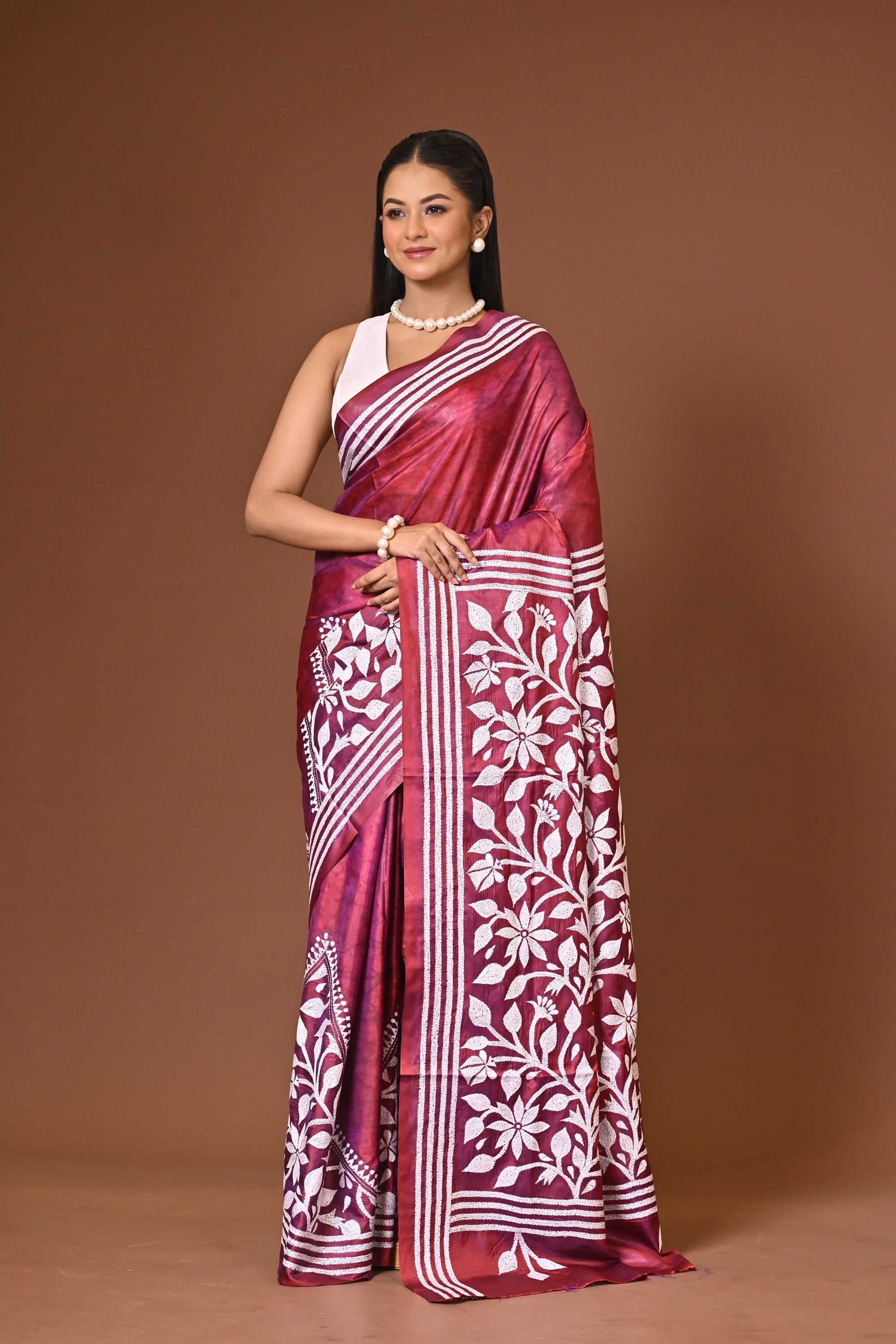 Blended Silk Kantha Stitch Saree Maroon Thumbnail