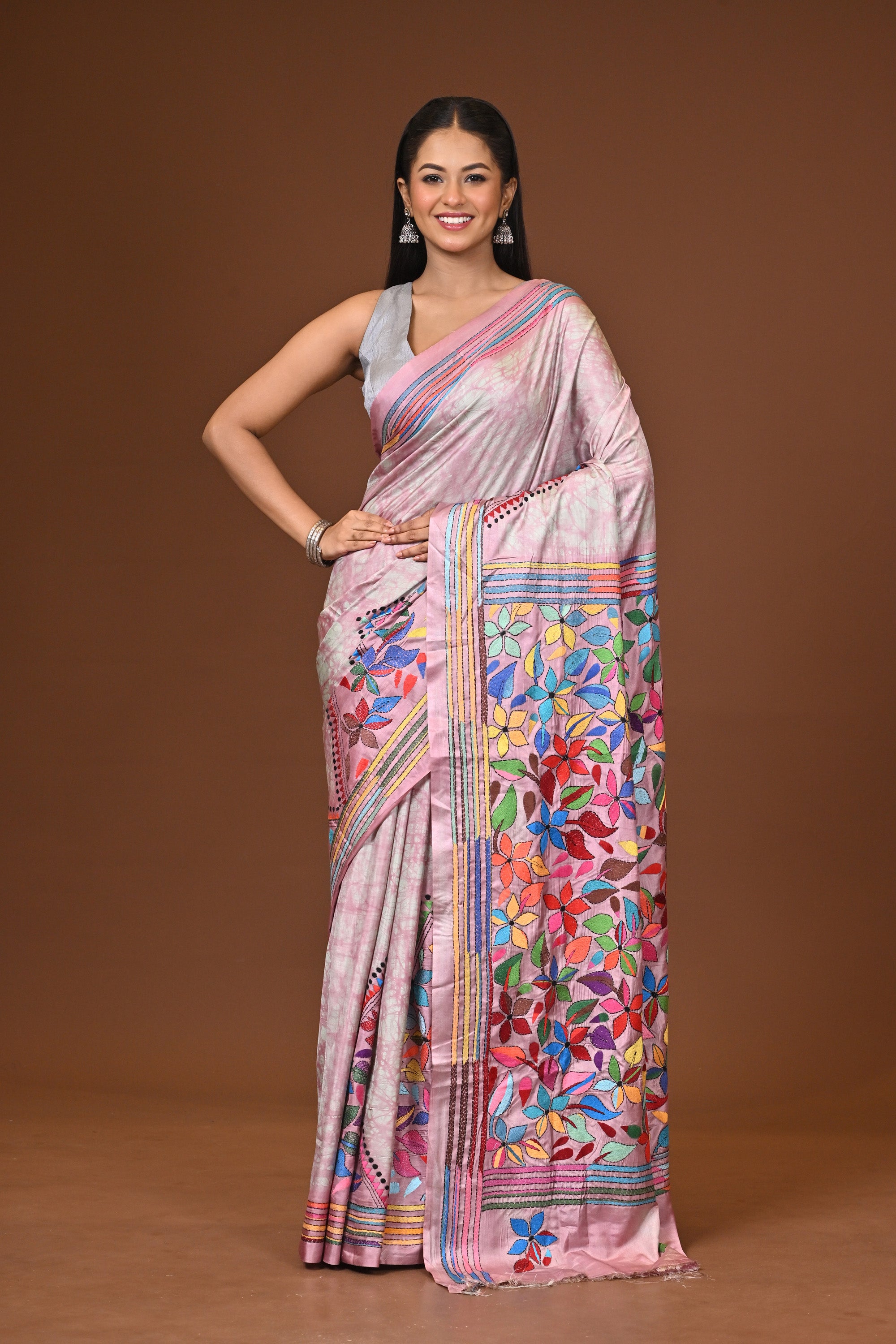 Blended Silk Kantha Stitch Saree Multicolor Thumbnail