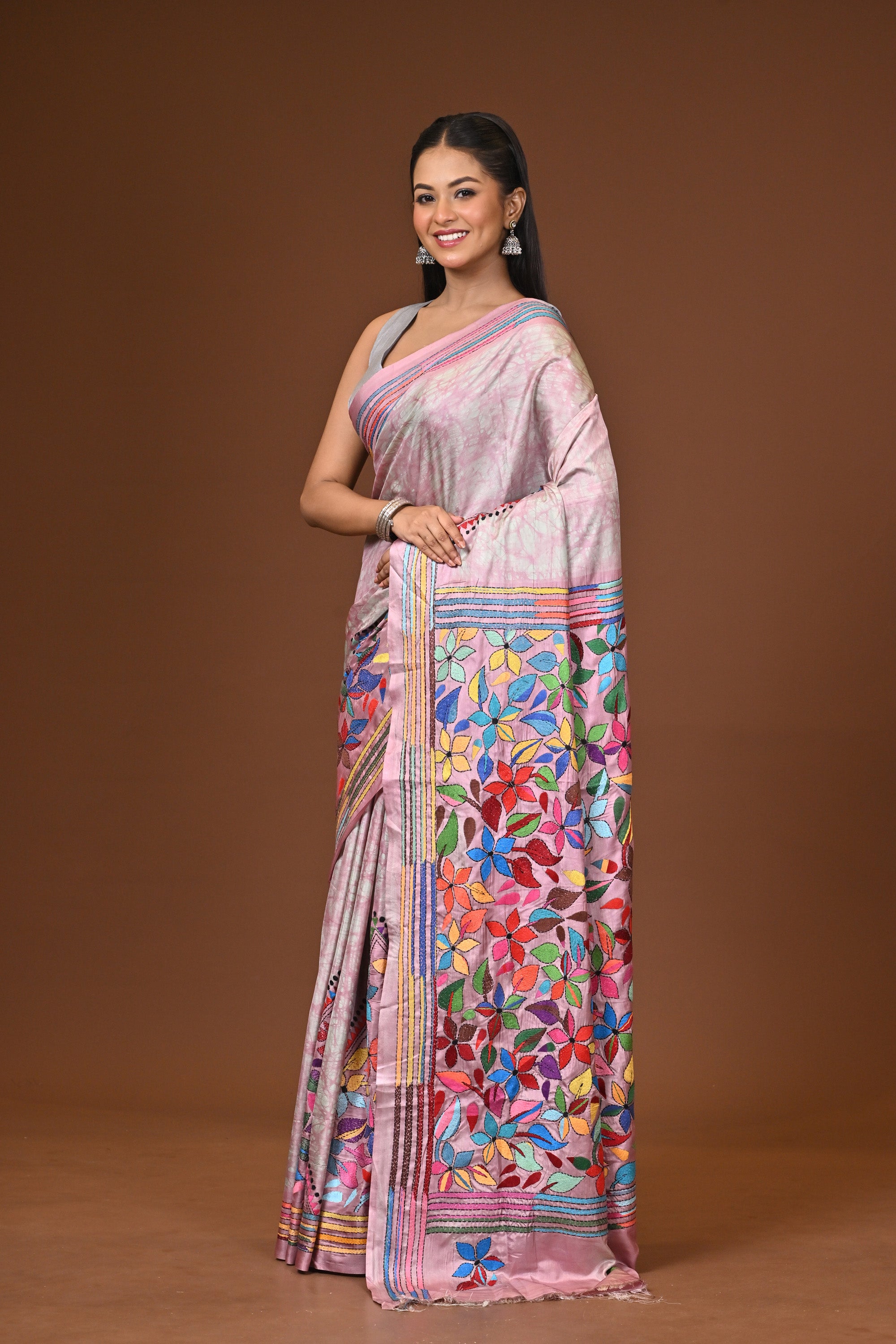 Blended Silk Kantha Stitch Saree Multicolor Thumbnail