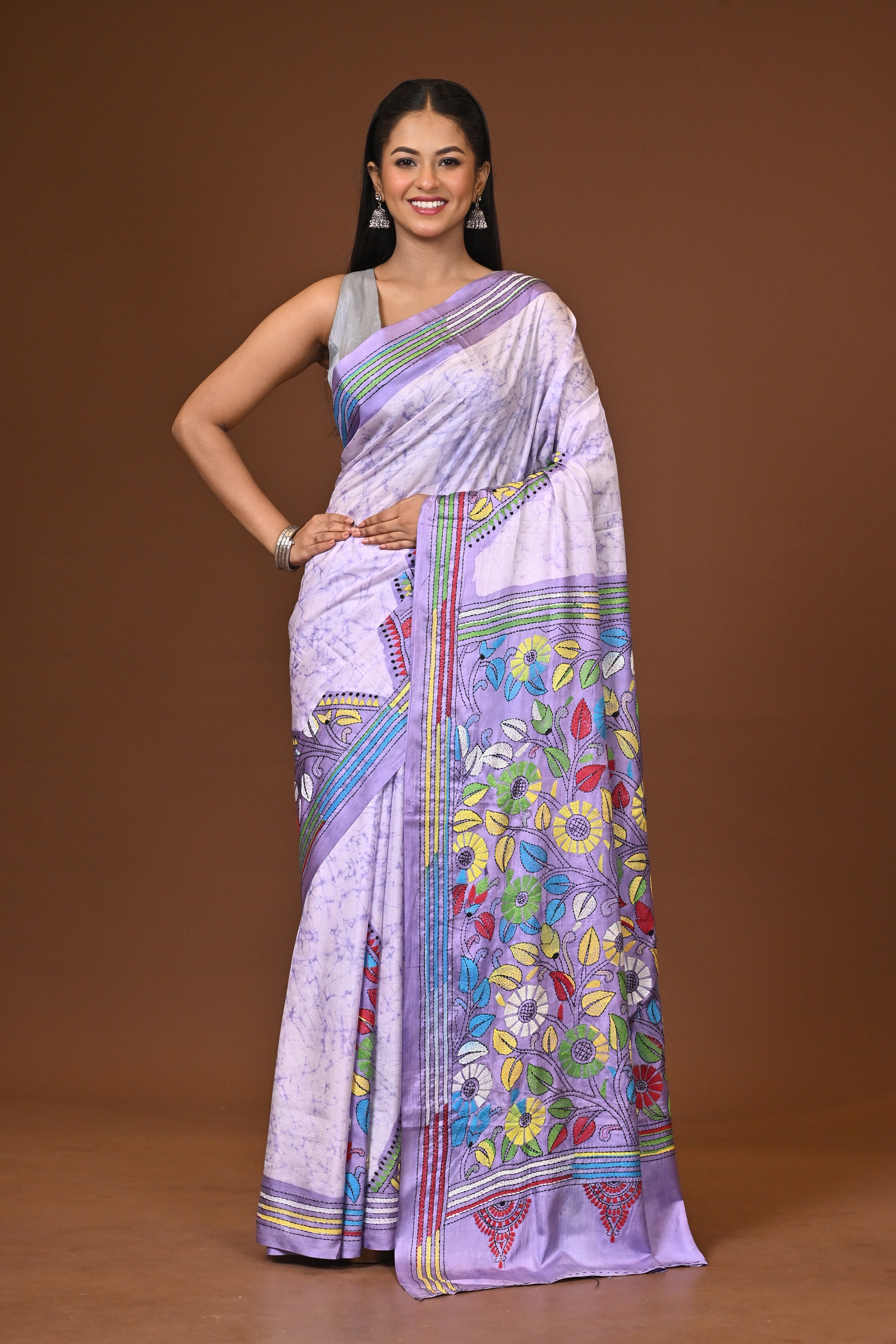 Blended Silk Kantha Stitch Saree Multicolor Thumbnail