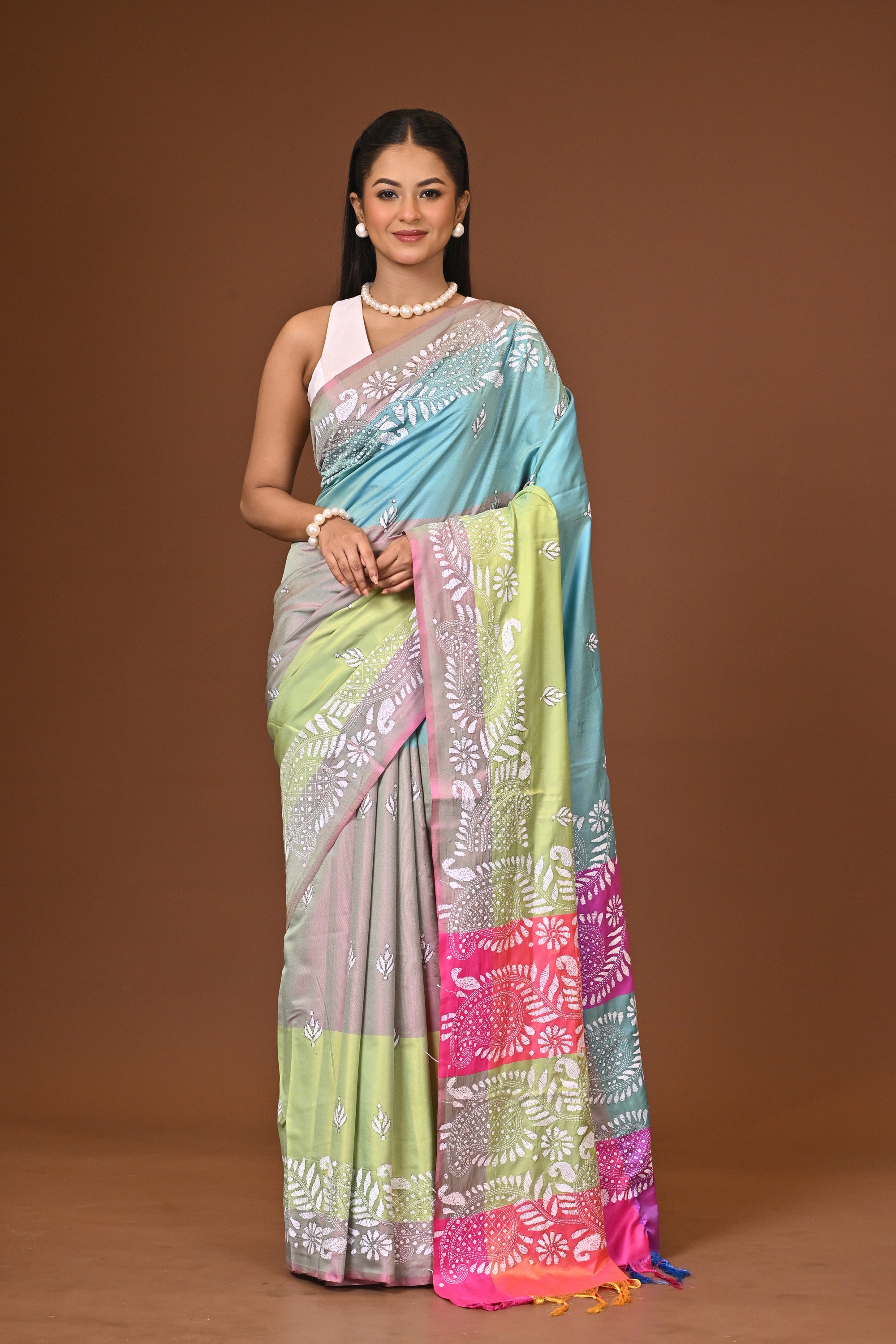 Blended Silk Kantha Stitch Saree Multicolor
