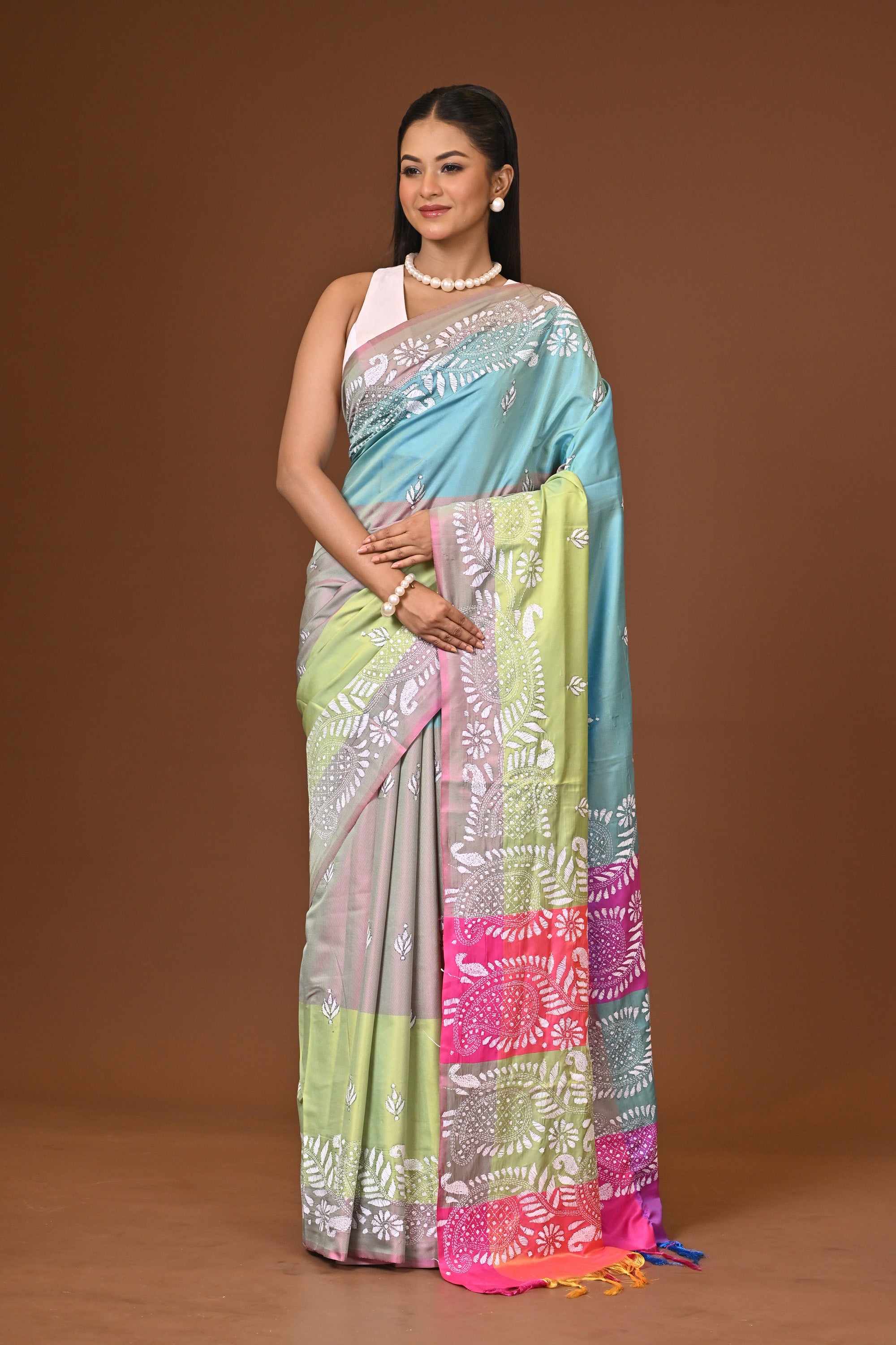 Blended Silk Kantha Stitch Saree Multicolor Thumbnail