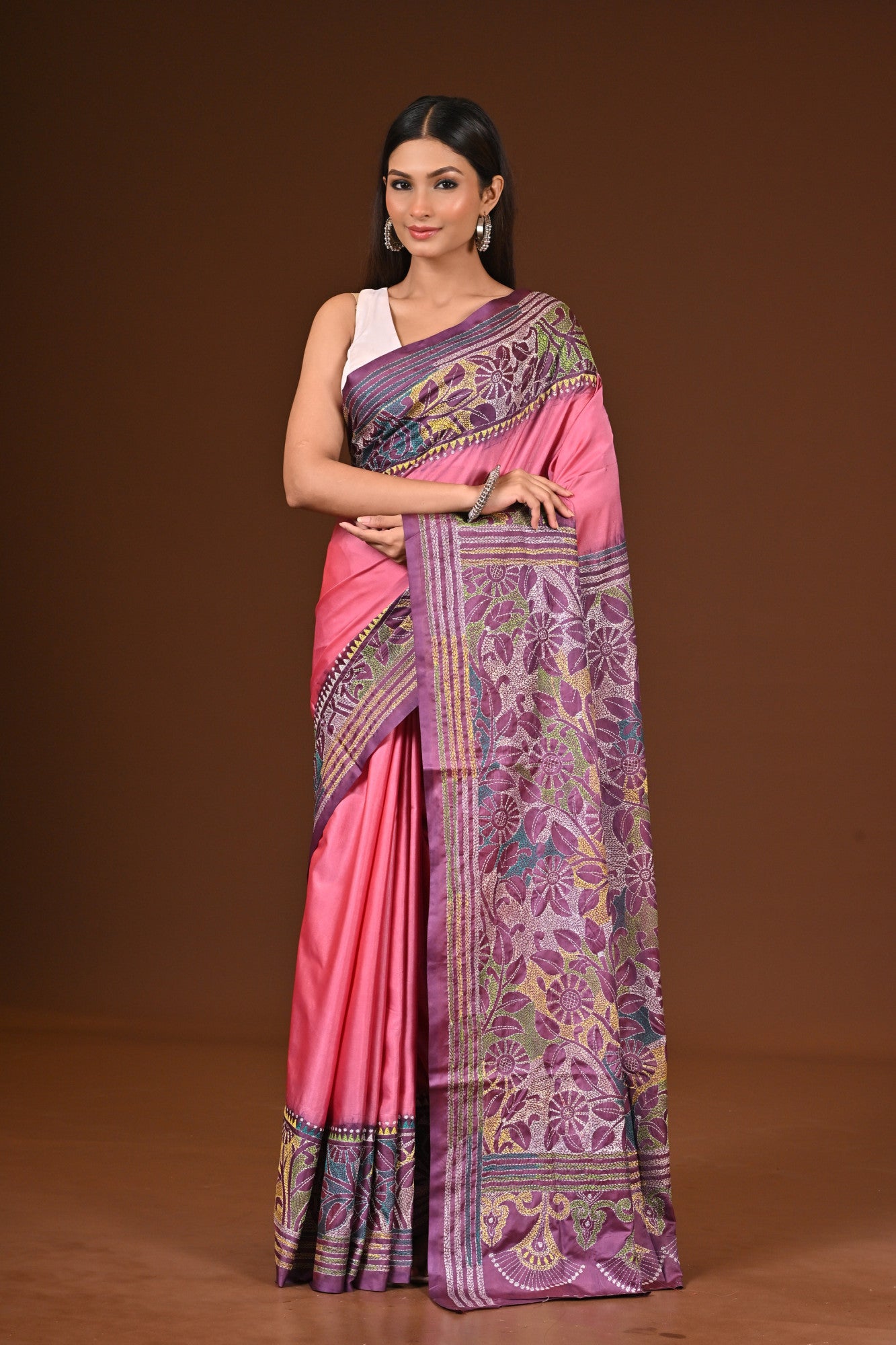 Blended Silk Kantha Stitch Saree Multicolor