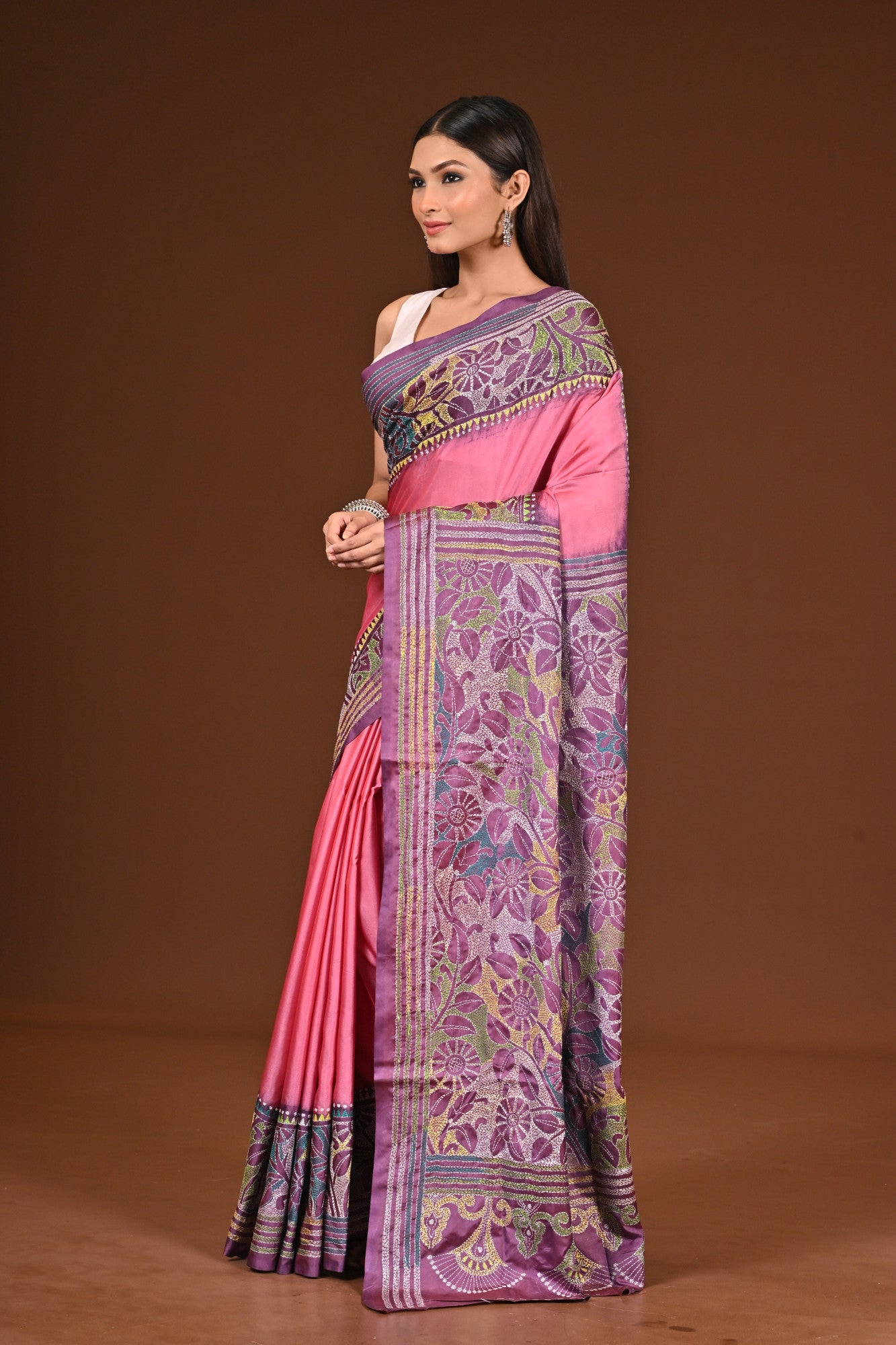 Blended Silk Kantha Stitch Saree Multicolor Thumbnail