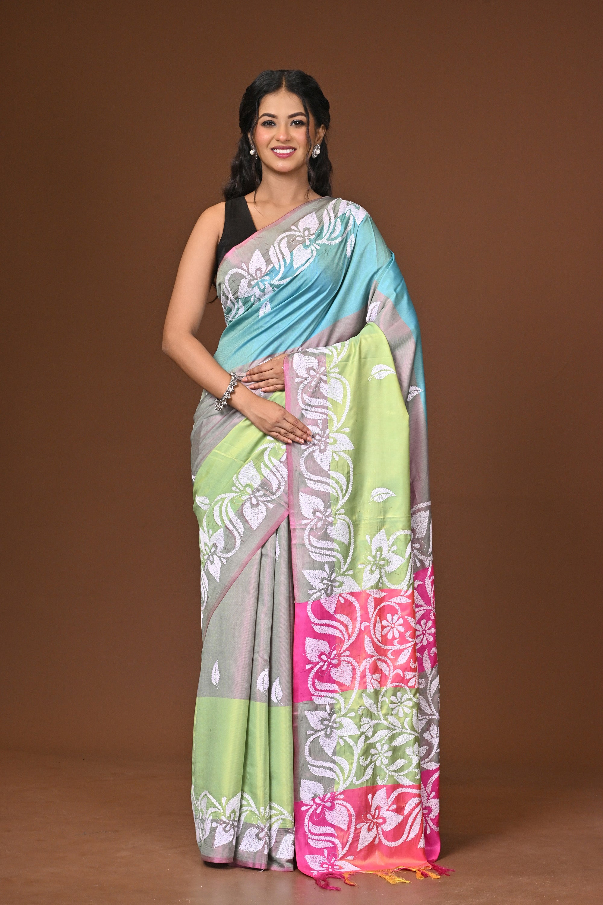Blended Silk Kantha Stitch Saree Multicolor