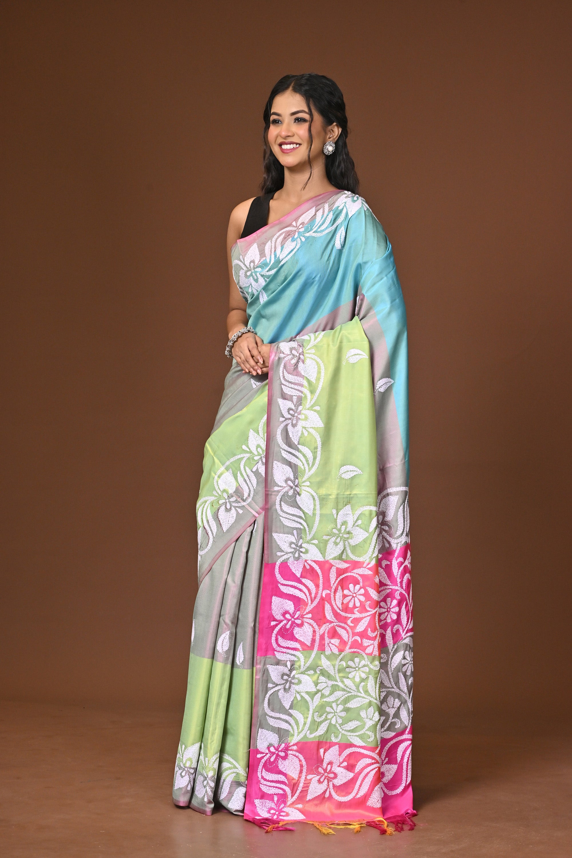Blended Silk Kantha Stitch Saree Multicolor Thumbnail