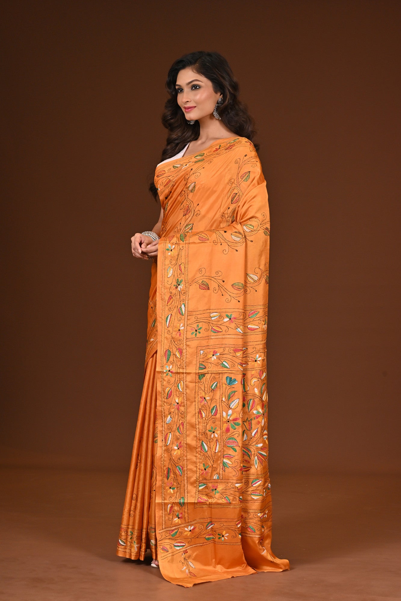 Blended Silk Kantha Stitch Saree Mustard Yeloow Thumbnail