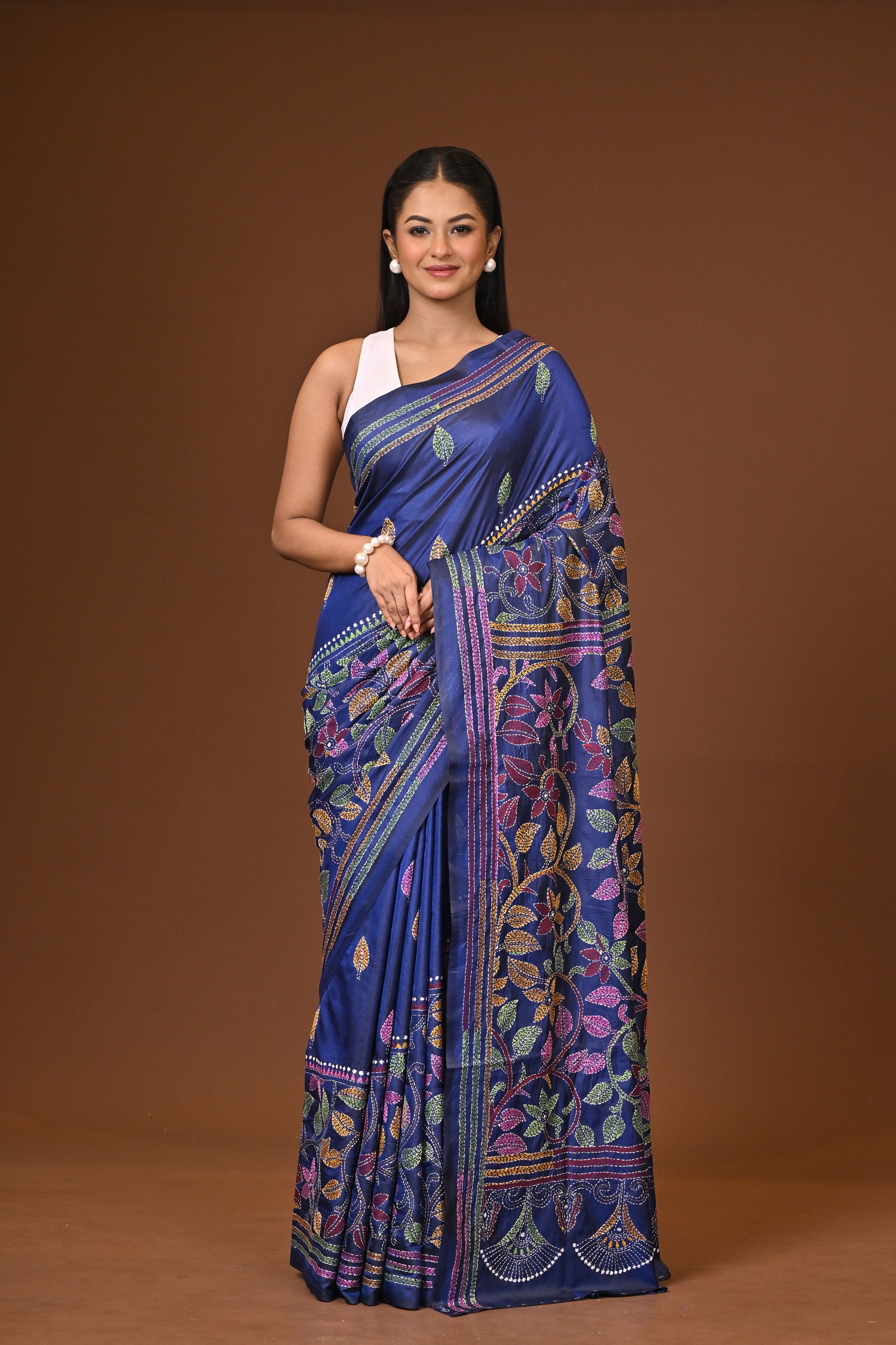 Blended Silk Kantha Stitch Saree Navy Blue