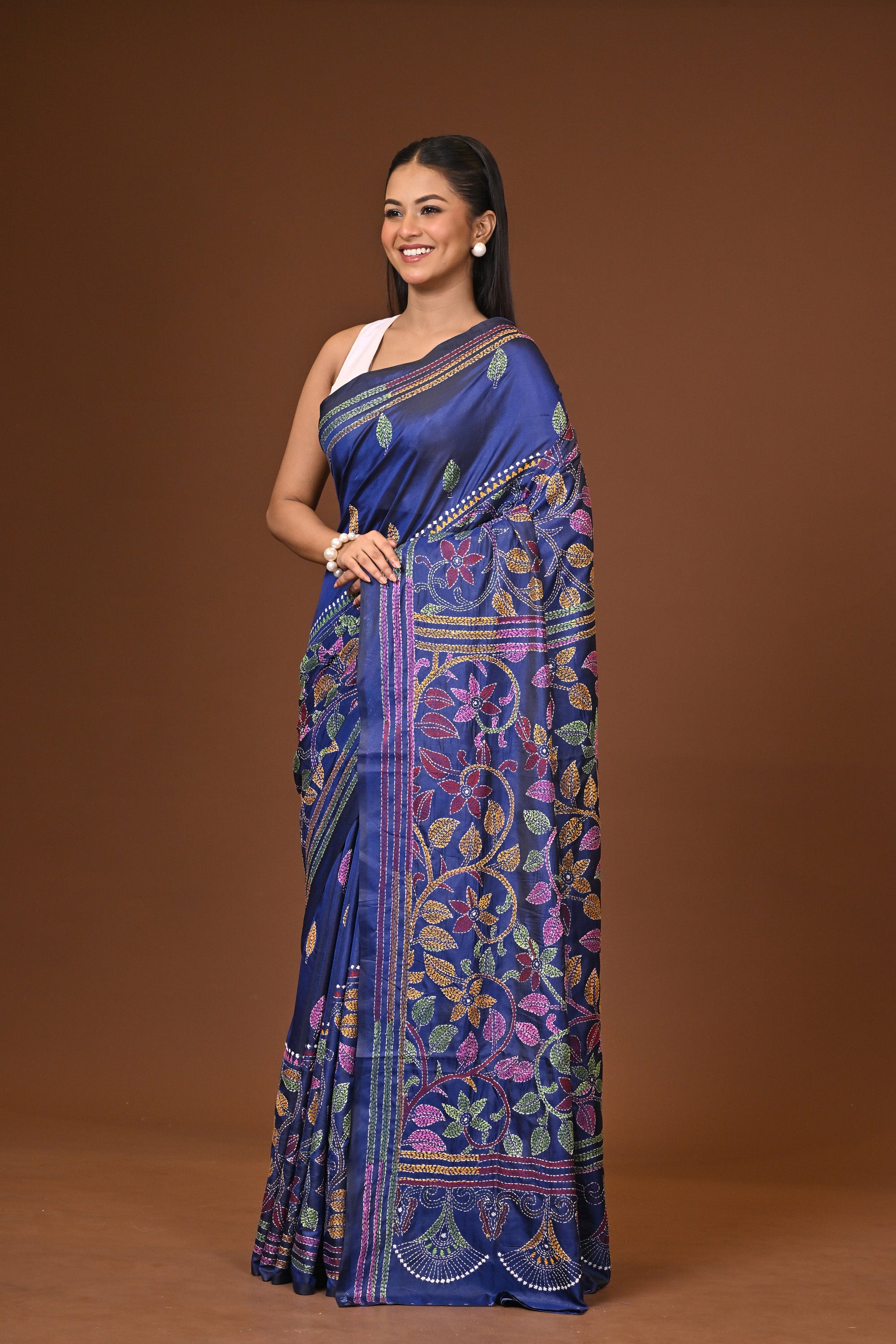 Blended Silk Kantha Stitch Saree Navy Blue Thumbnail