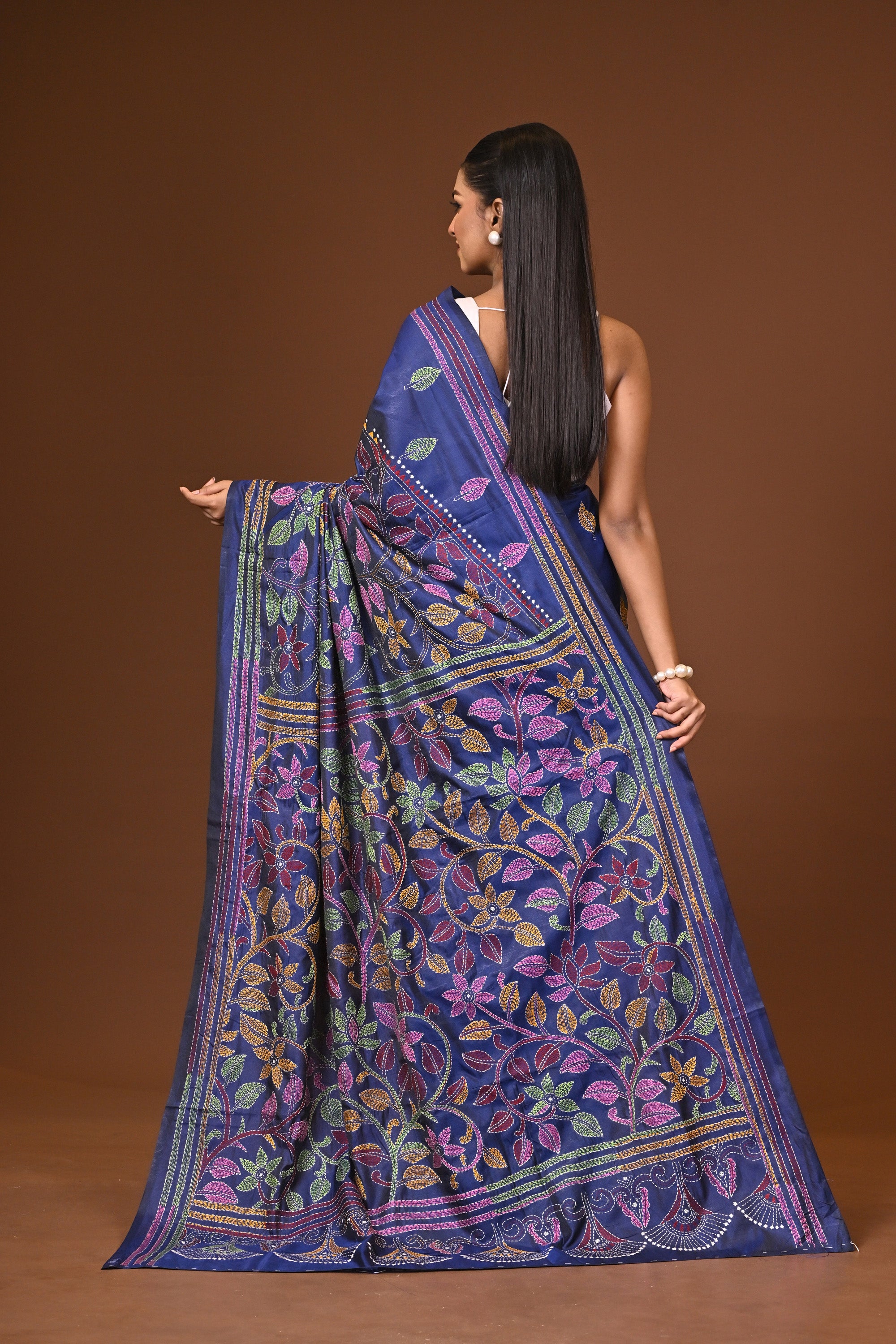 Blended Silk Kantha Stitch Saree Navy Blue Thumbnail
