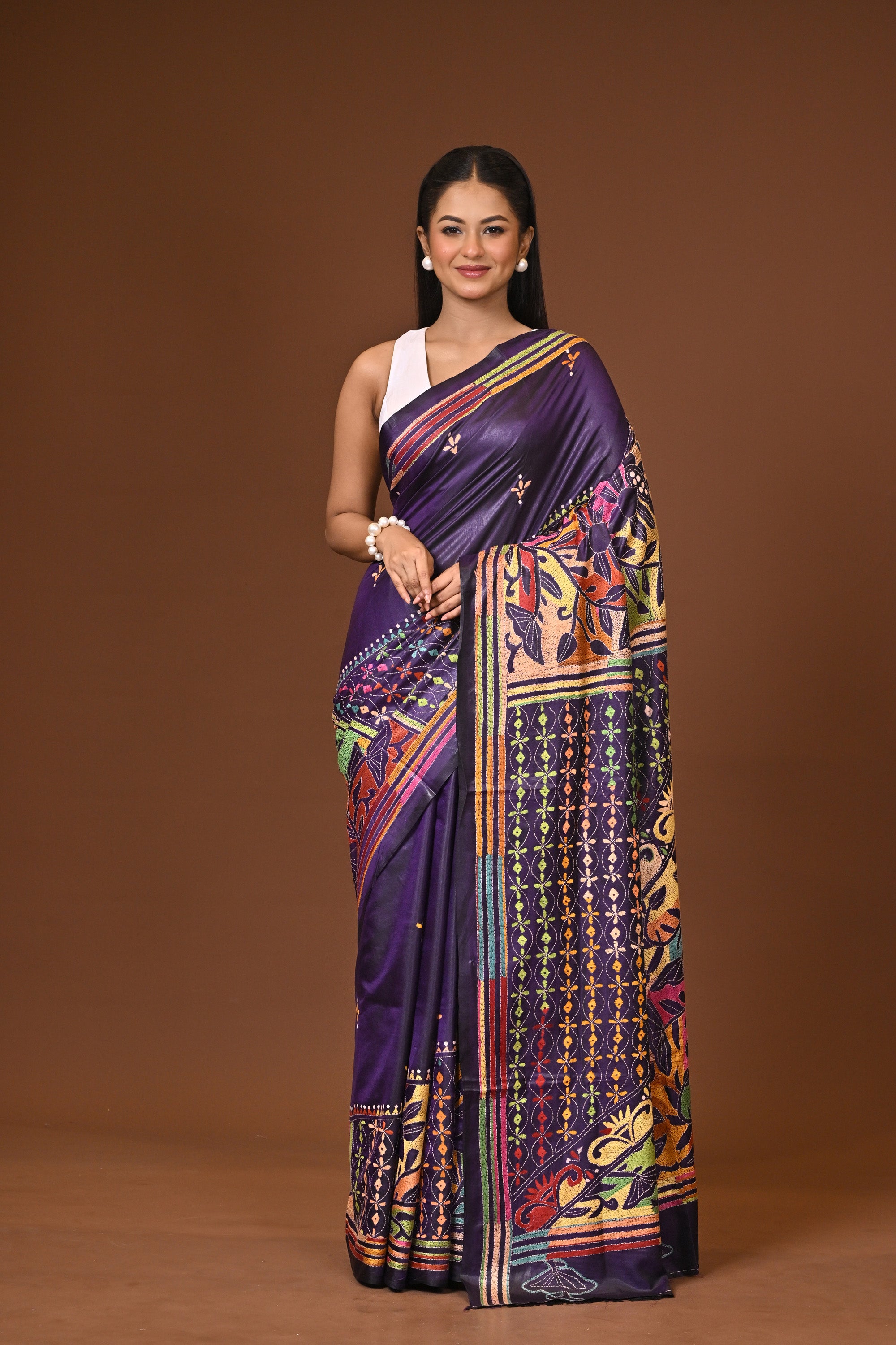 Blended Silk Kantha Stitch Saree Navy Blue