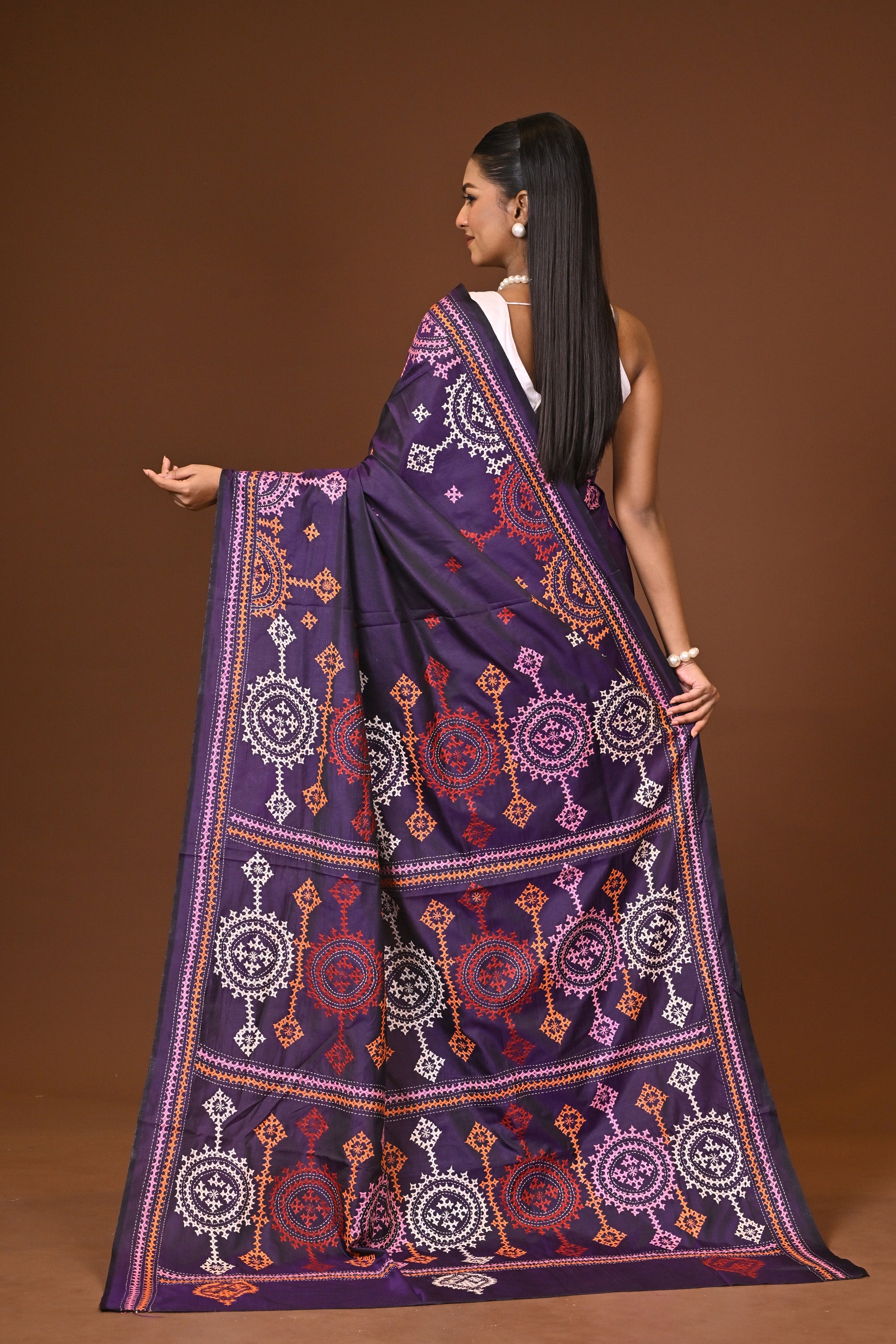 Blended Silk Kantha Stitch Saree Navy Blue Thumbnail