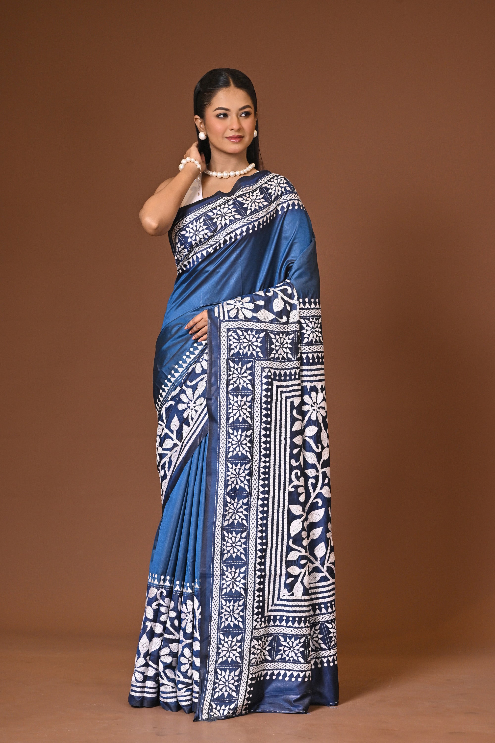 Blended Silk Kantha Stitch Saree Navy Blue Thumbnail