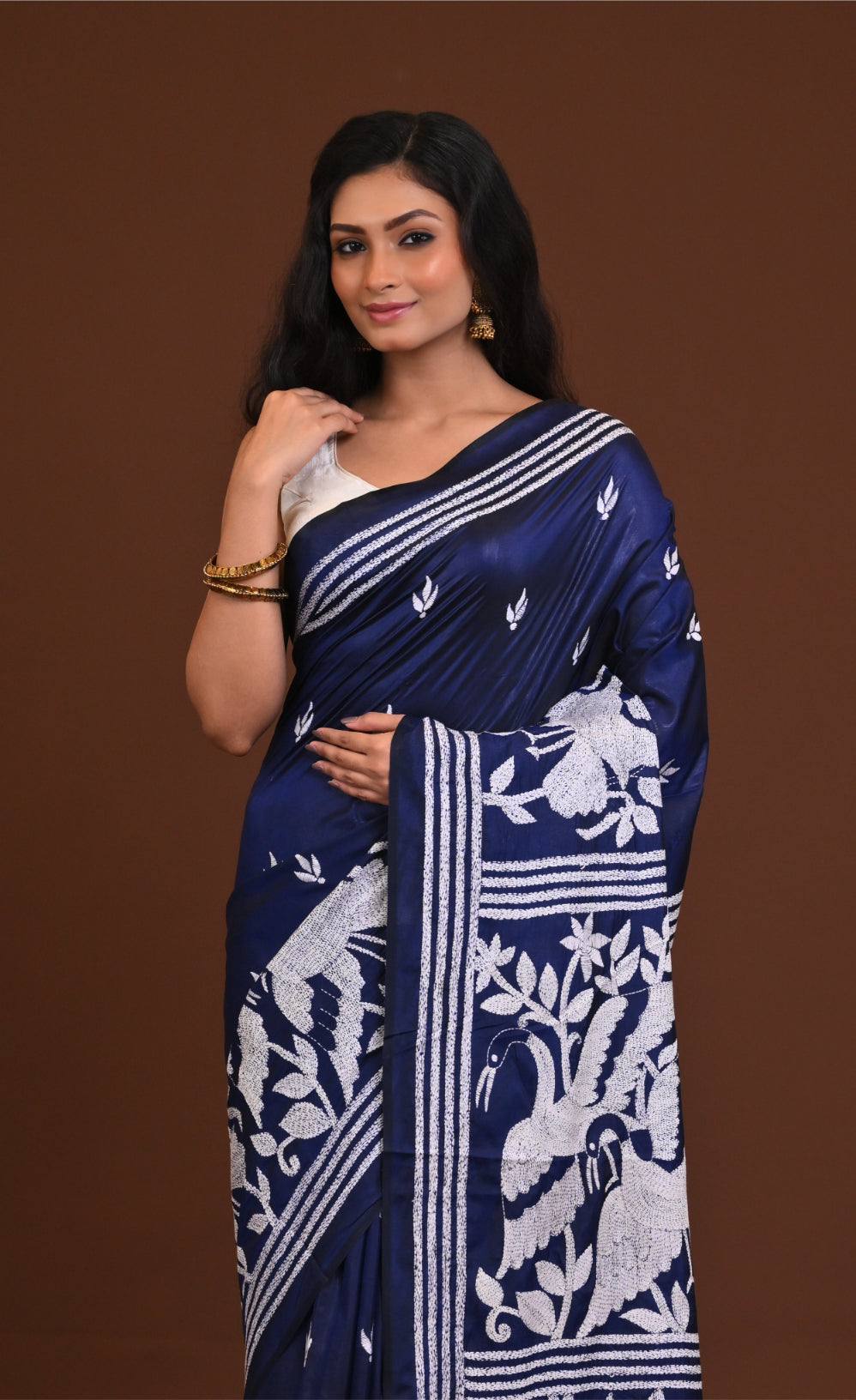 Blended Silk Kantha Stitch Saree Navy Blue