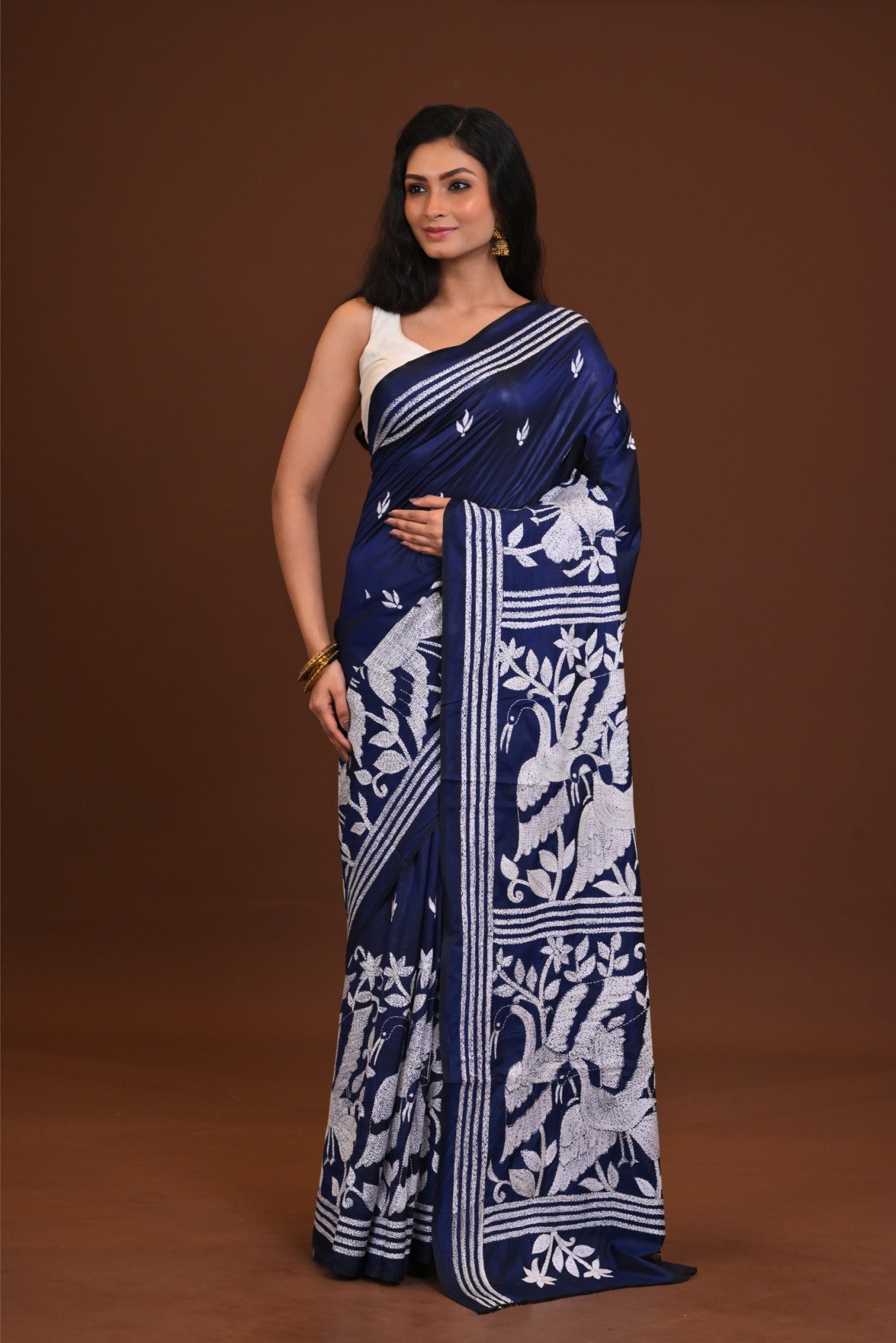 Blended Silk Kantha Stitch Saree Navy Blue Thumbnail