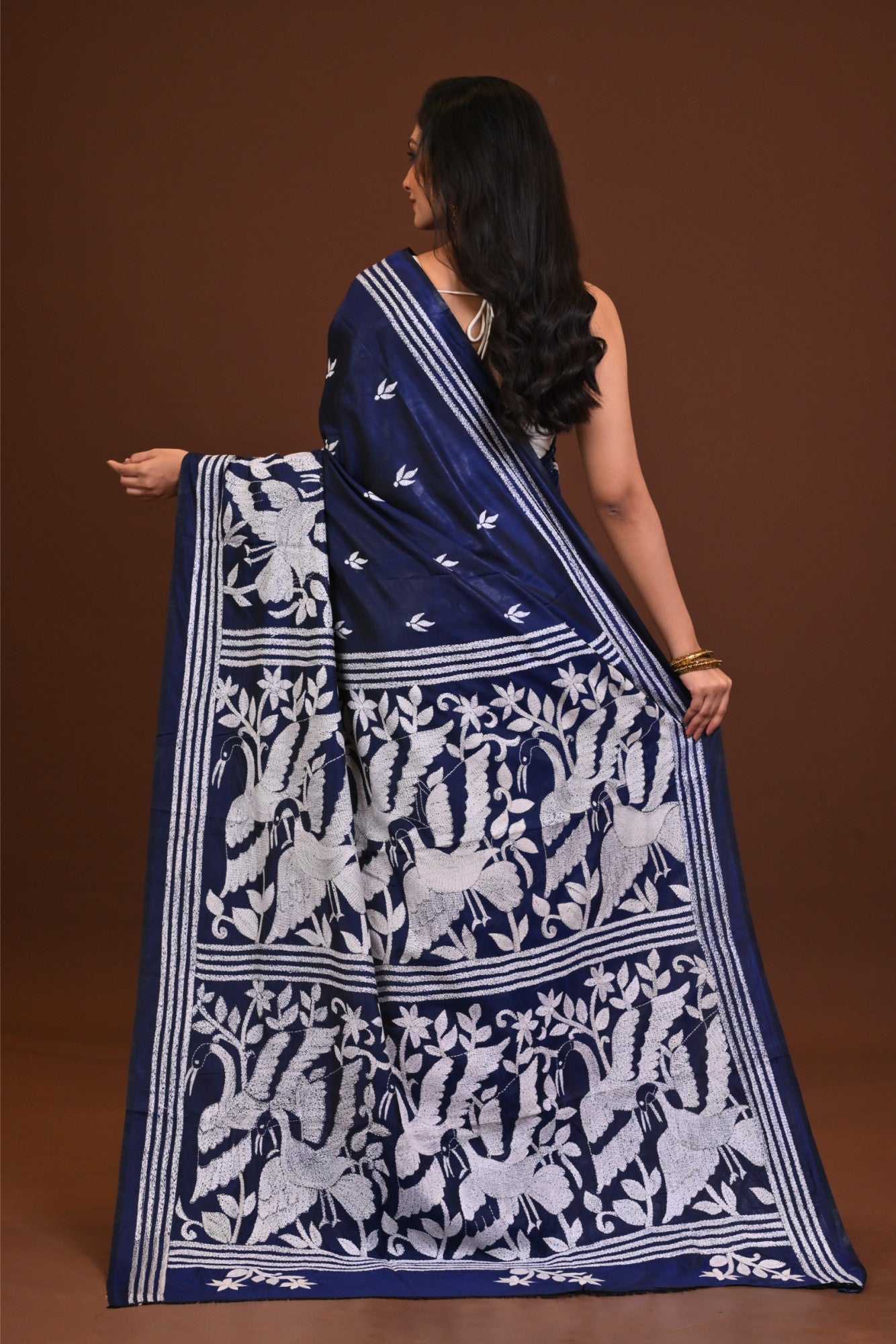 Blended Silk Kantha Stitch Saree Navy Blue Thumbnail
