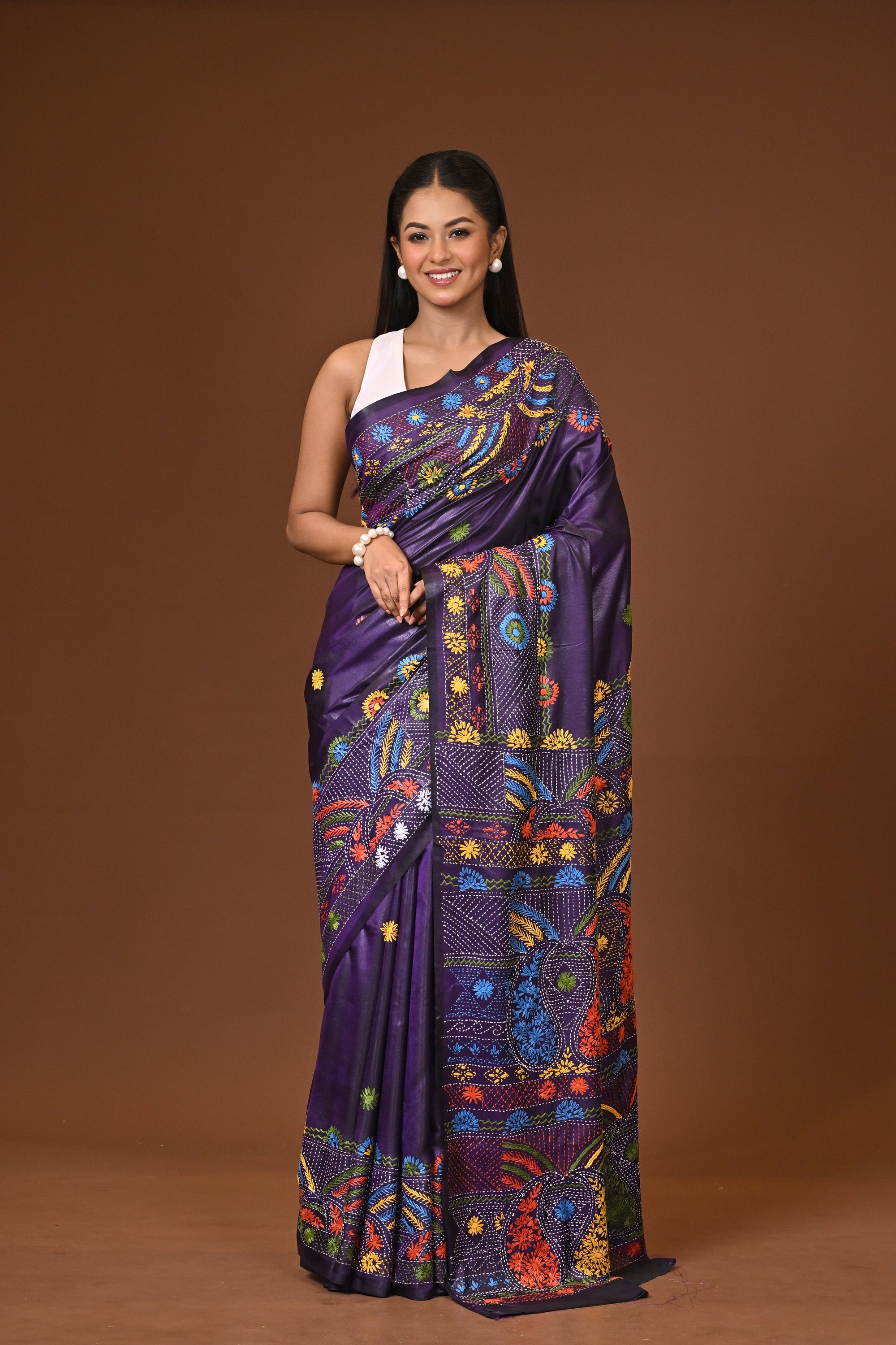 Blended Silk Kantha Stitch Saree Navy Blue