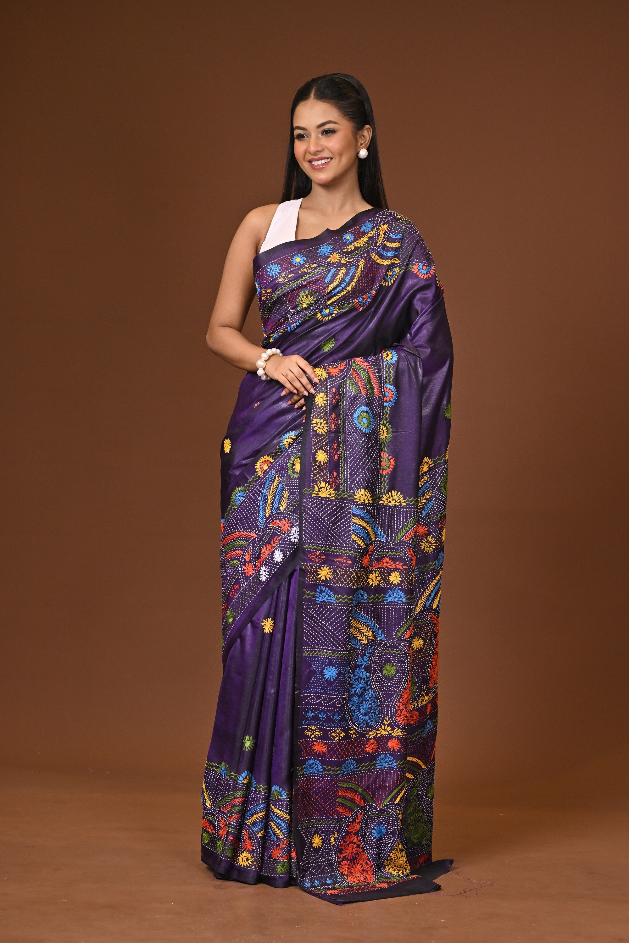 Blended Silk Kantha Stitch Saree Navy Blue Thumbnail