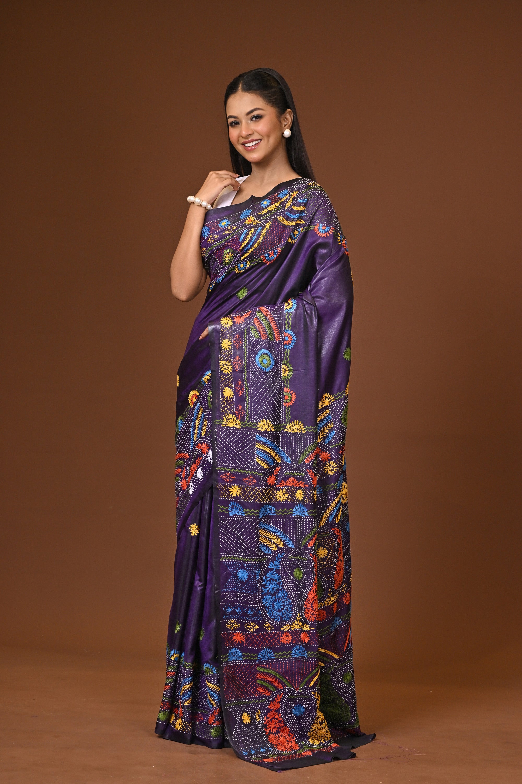 Blended Silk Kantha Stitch Saree Navy Blue Thumbnail