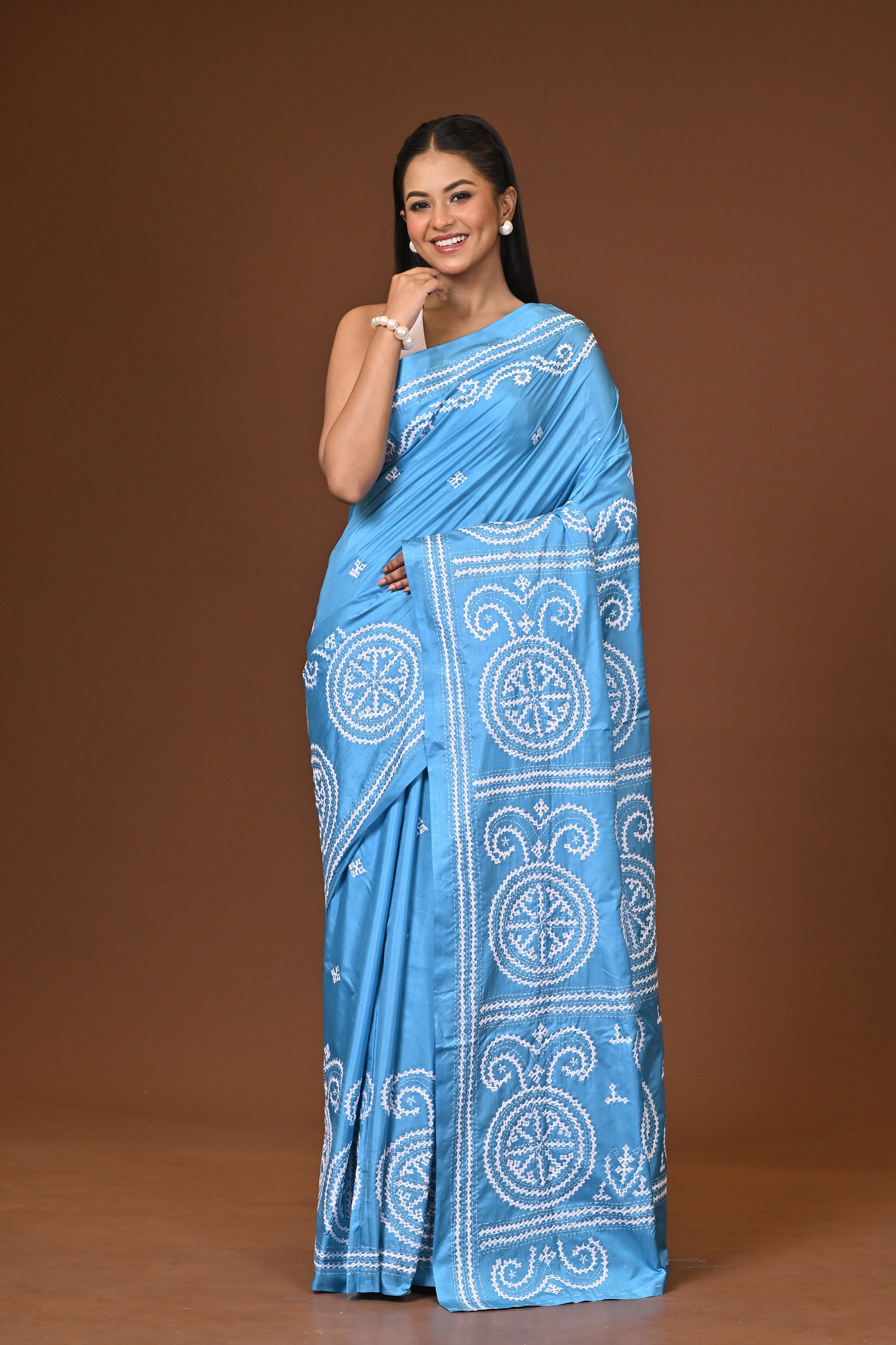 Blended Silk Kantha Stitch Saree Ocean Blue Thumbnail