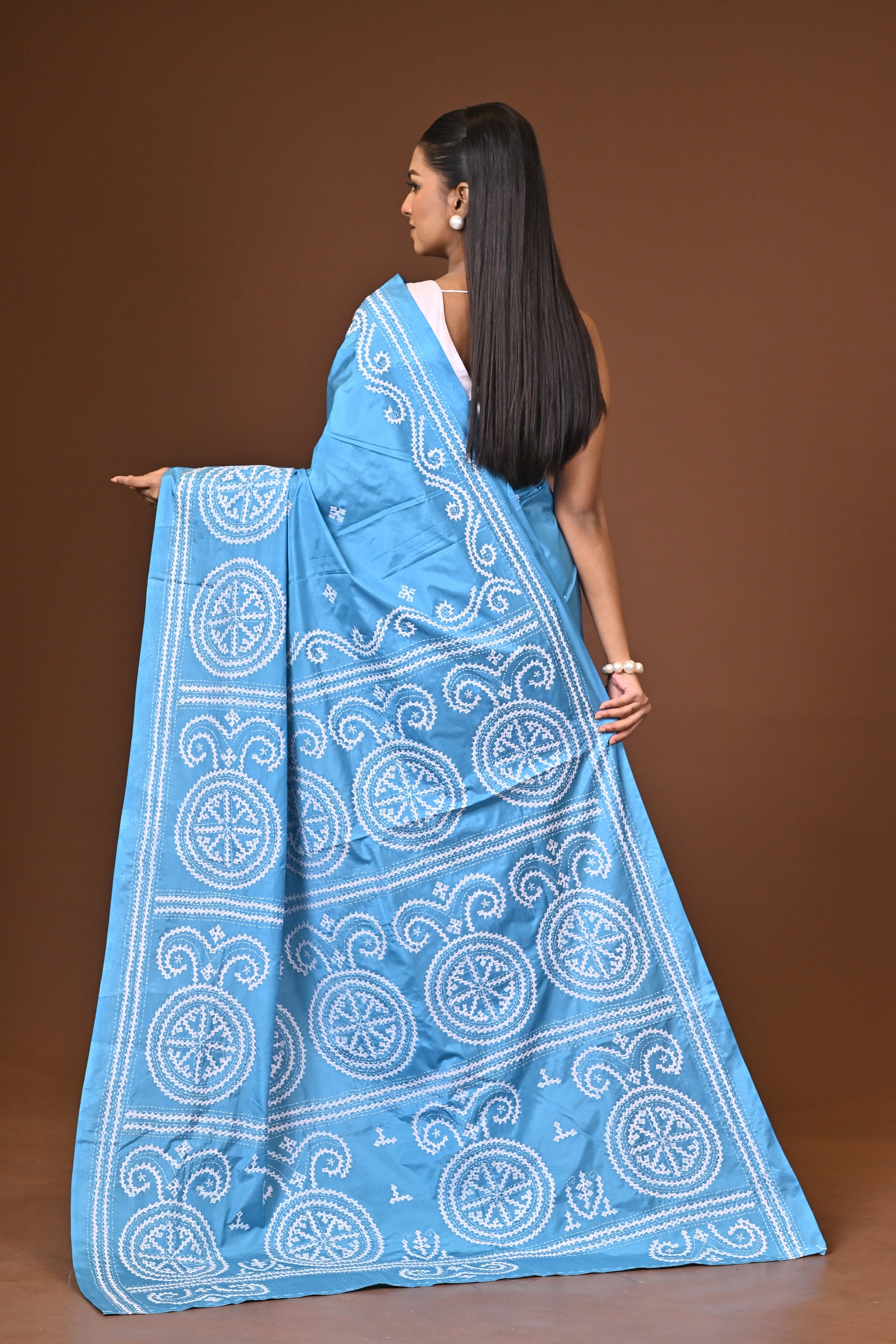 Blended Silk Kantha Stitch Saree Ocean Blue Thumbnail