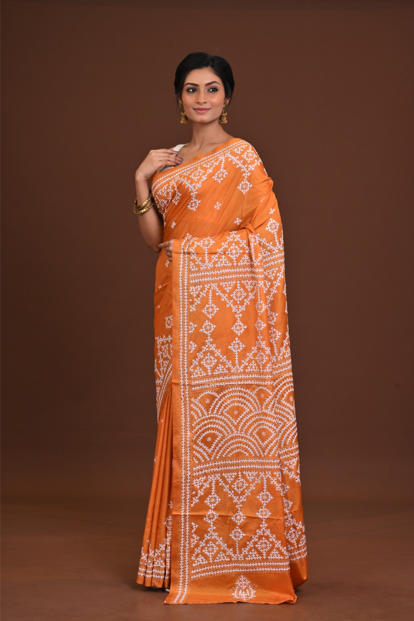 Blended Silk Kantha Stitch Saree Orange Thumbnail