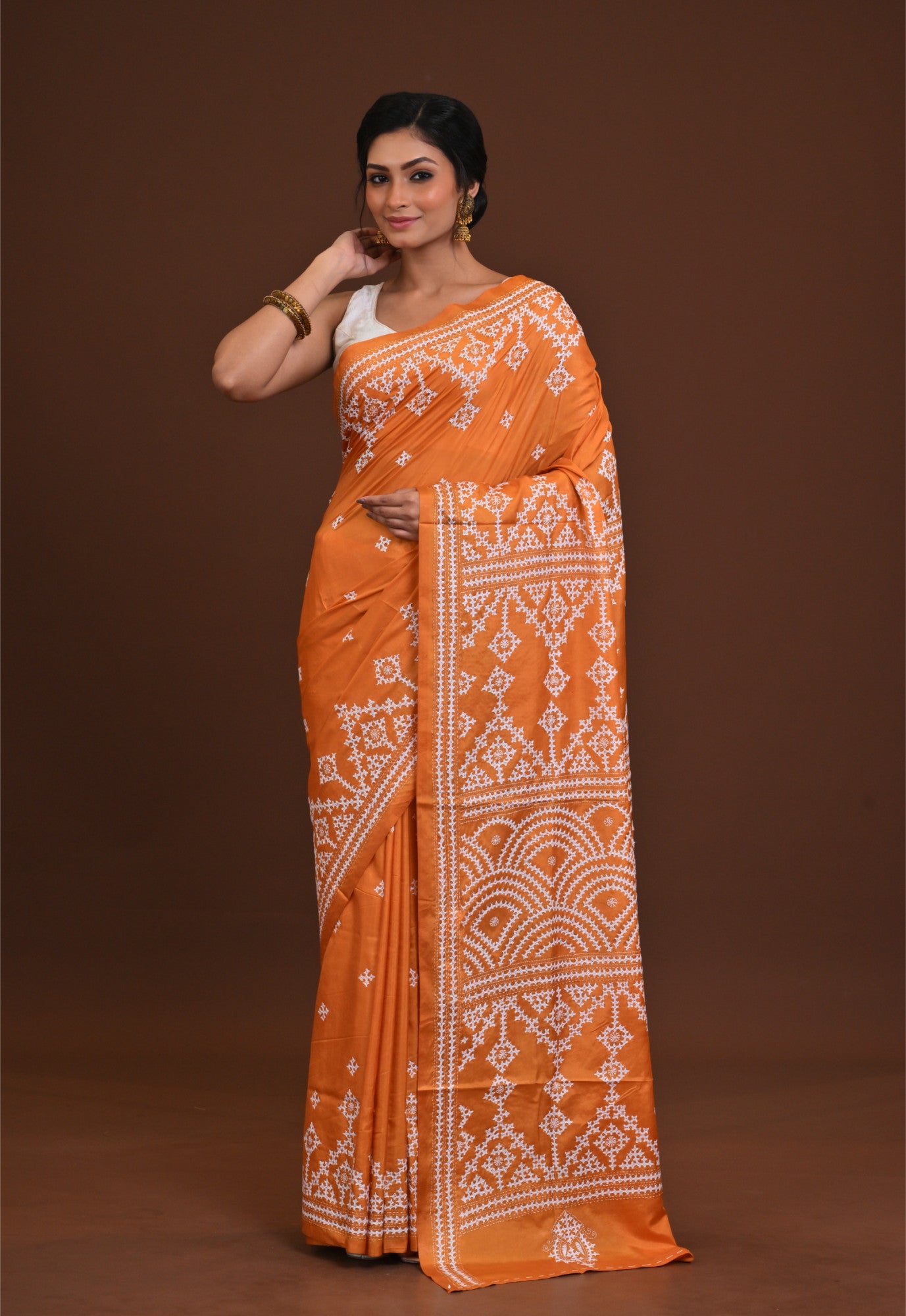Blended Silk Kantha Stitch Saree Orange Thumbnail