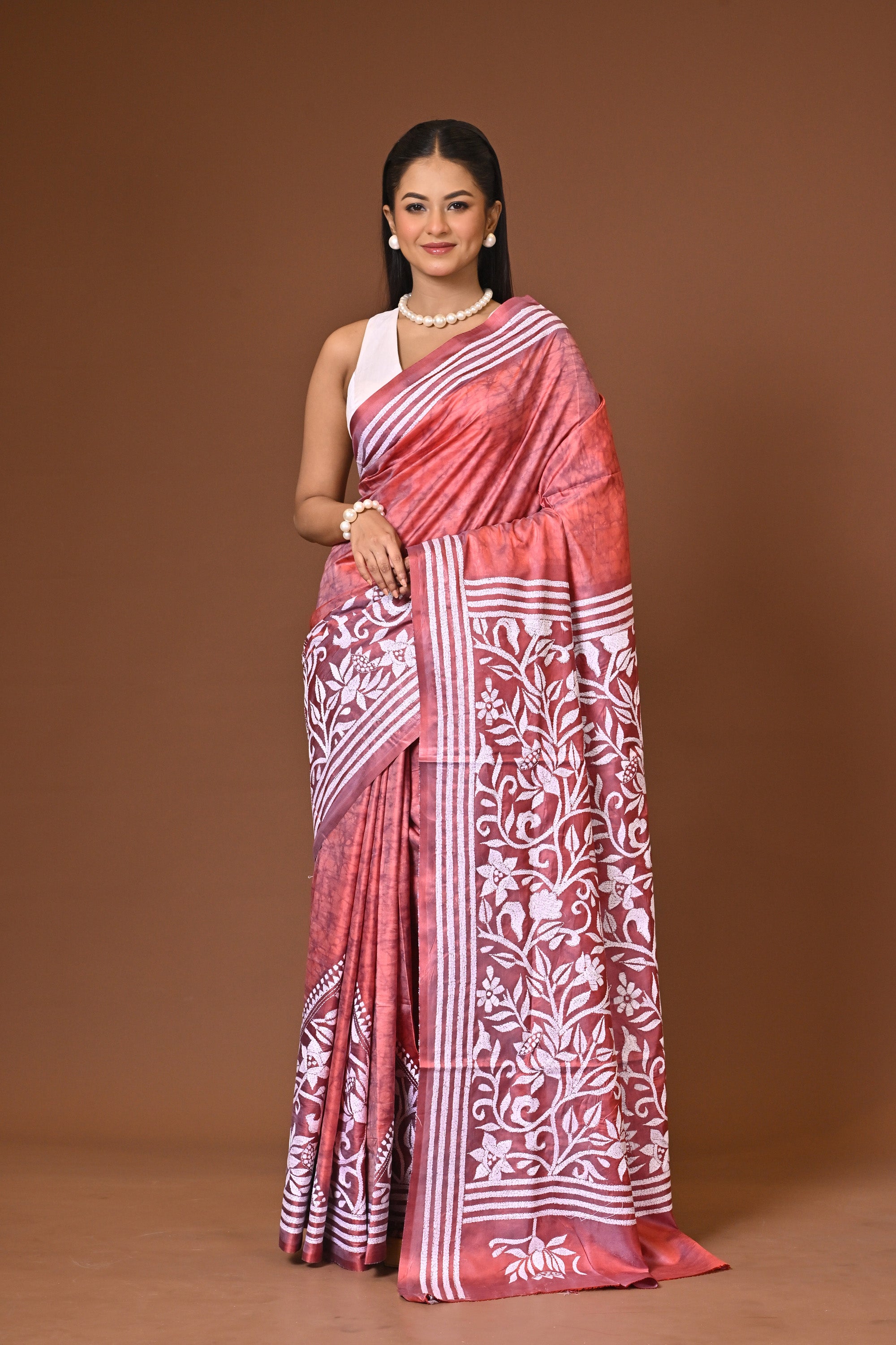 Blended Silk Kantha Stitch Saree Peach