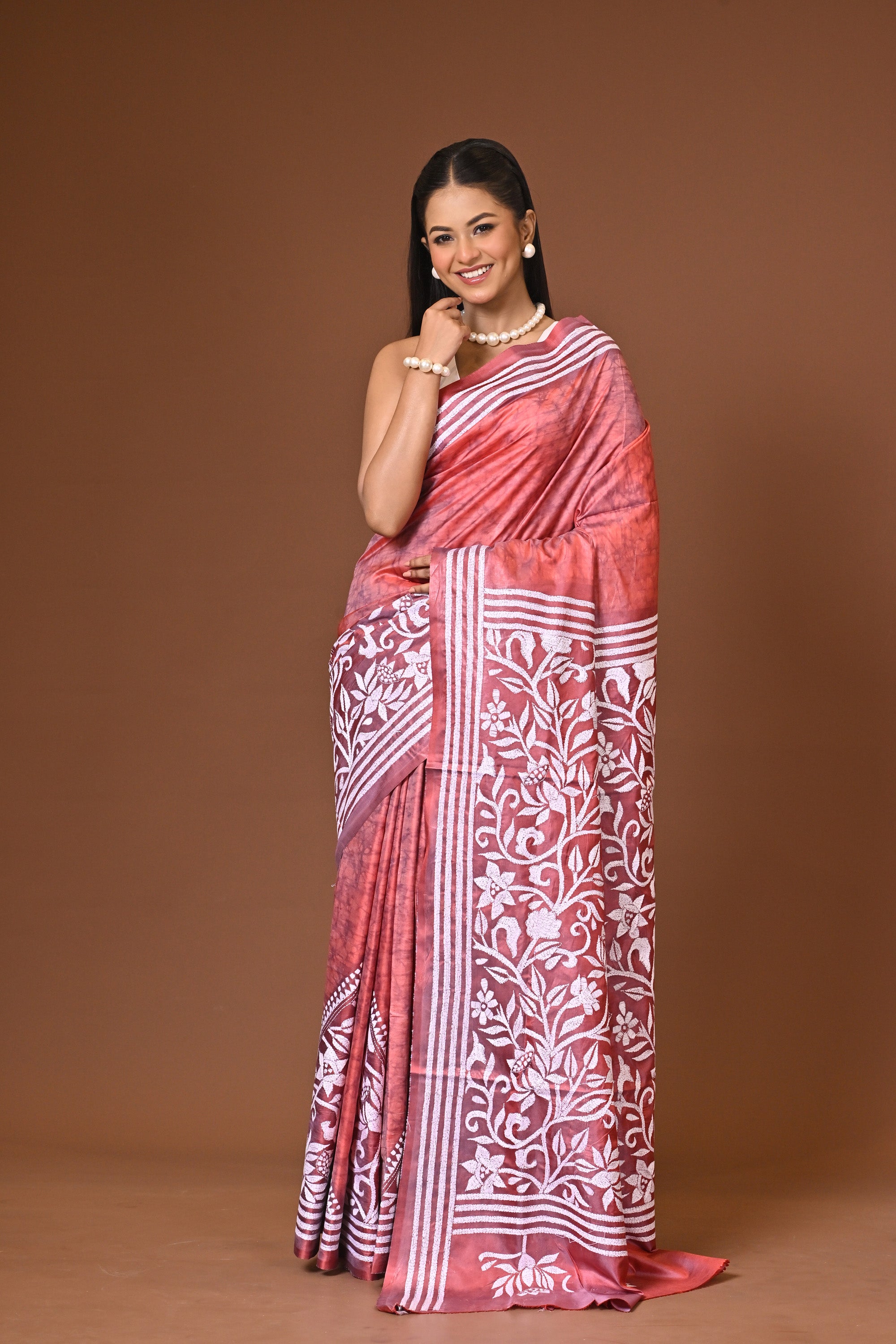 Blended Silk Kantha Stitch Saree Peach Thumbnail