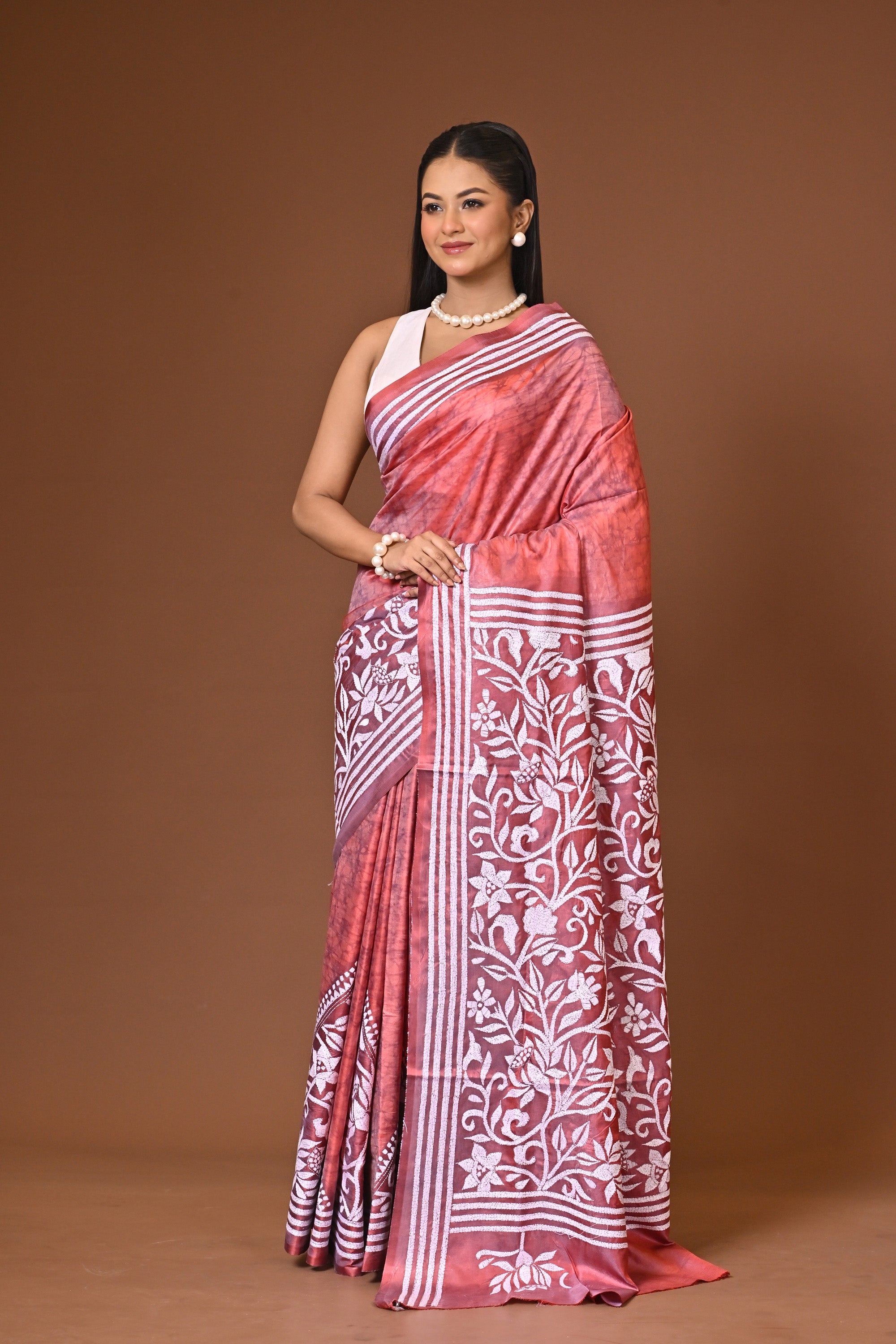 Blended Silk Kantha Stitch Saree Peach Thumbnail