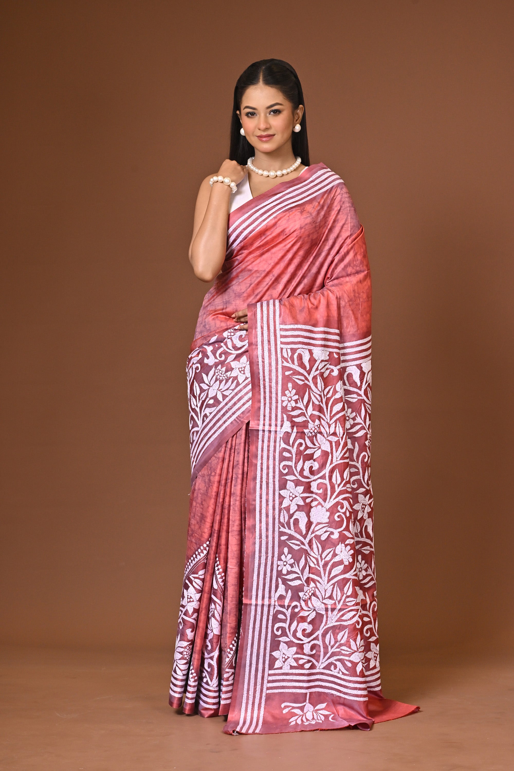 Blended Silk Kantha Stitch Saree Peach Thumbnail