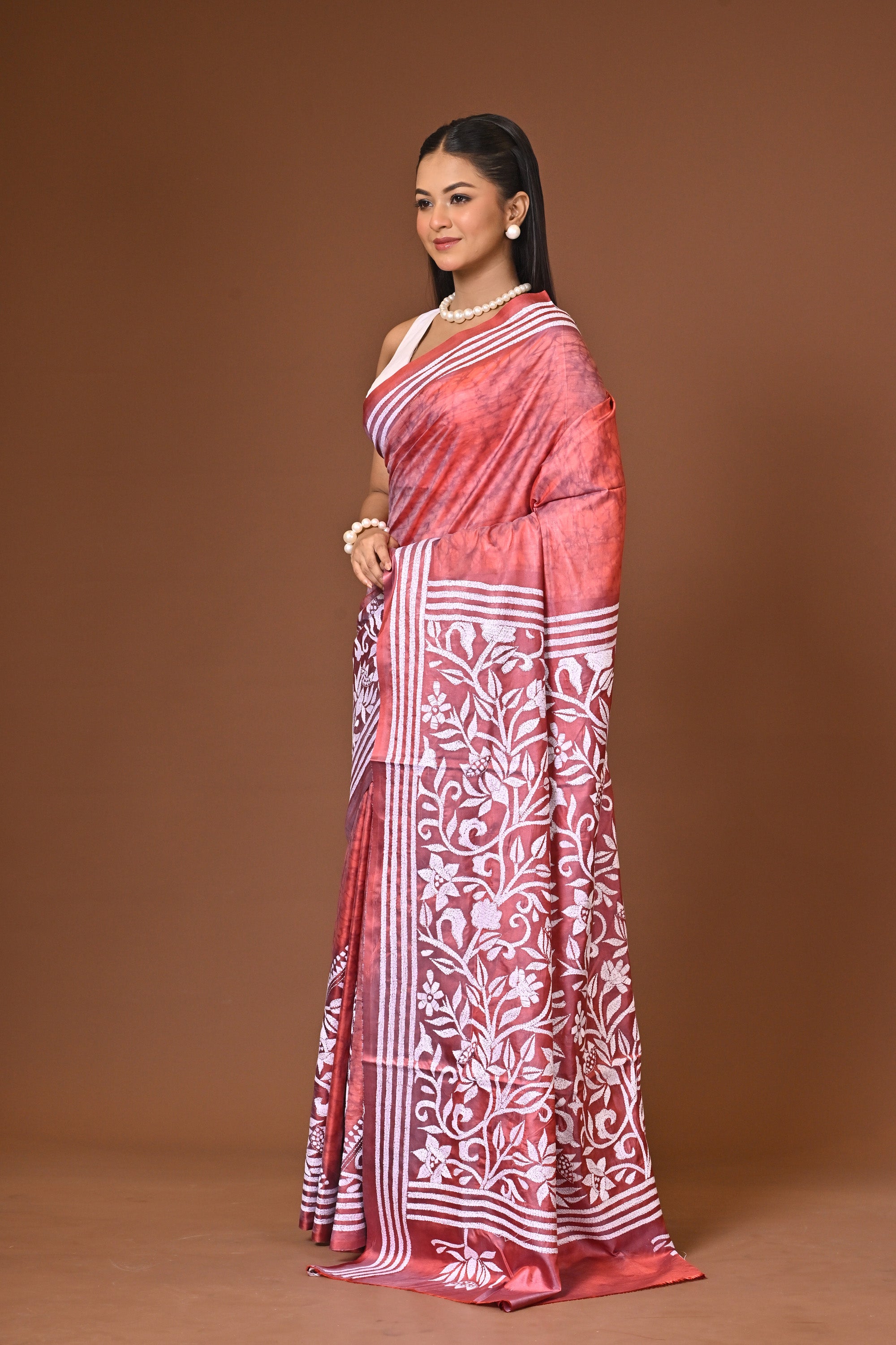 Blended Silk Kantha Stitch Saree Peach Thumbnail