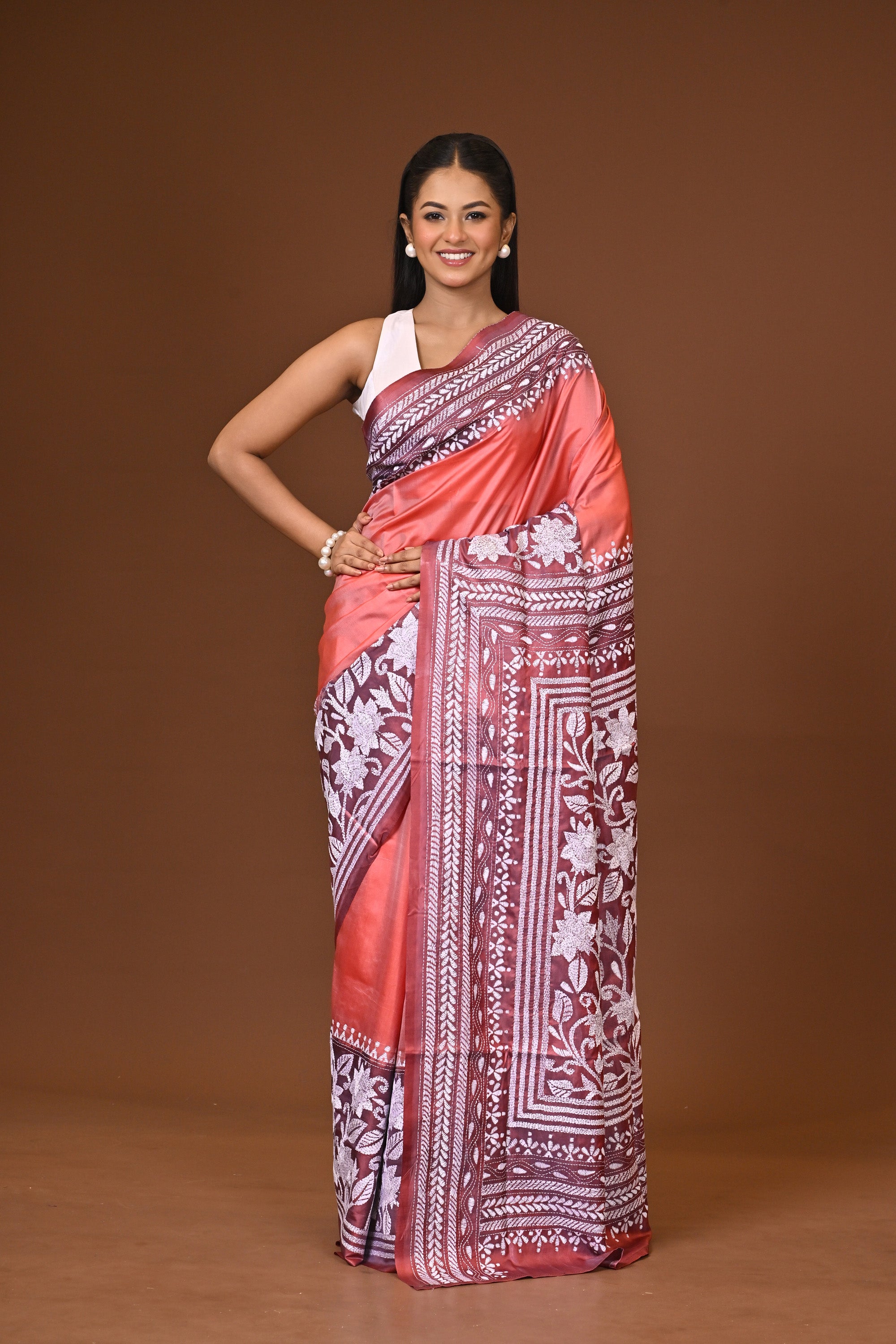 Blended Silk Kantha Stitch Saree Peach Thumbnail