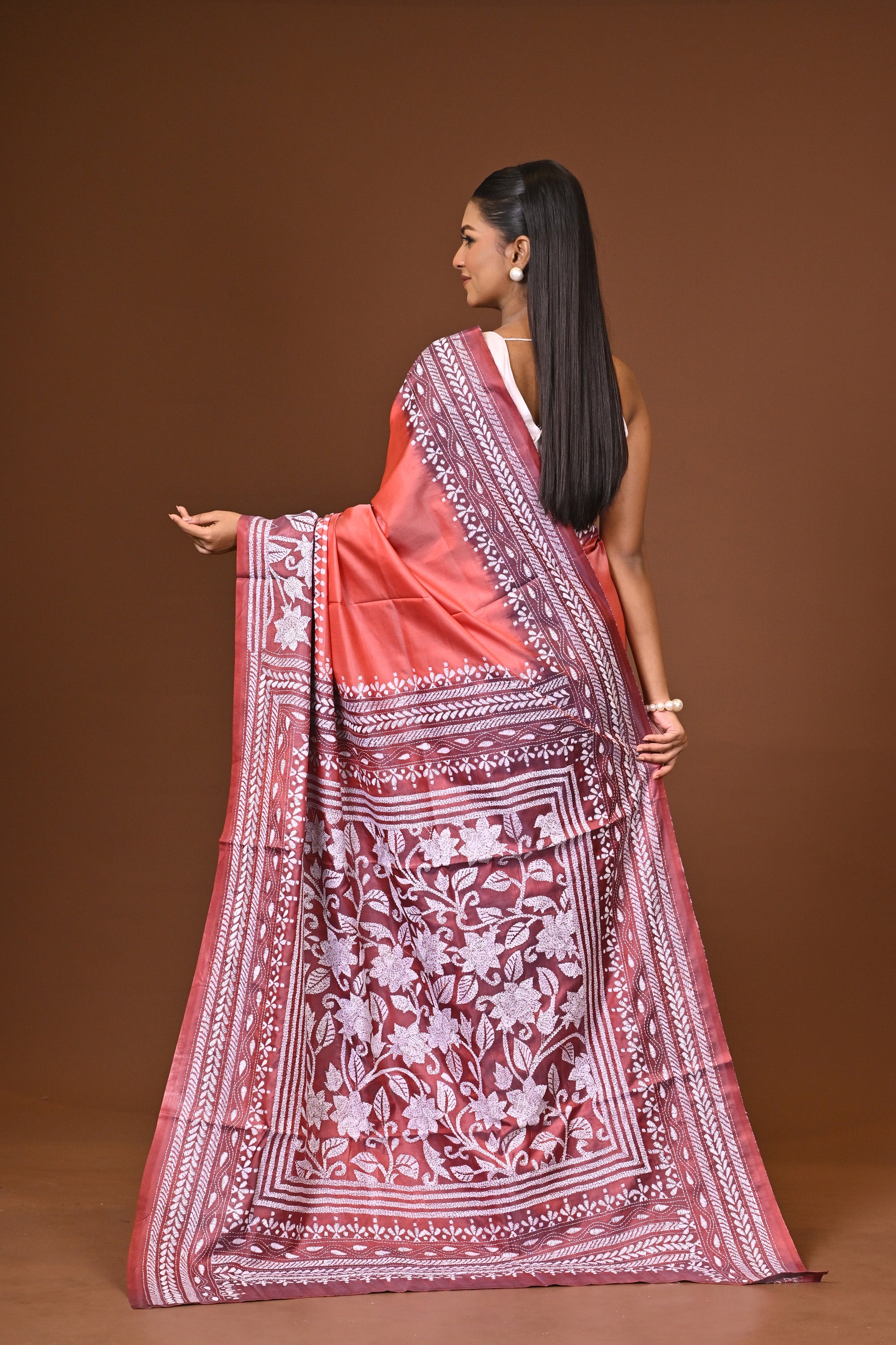 Blended Silk Kantha Stitch Saree Peach Thumbnail