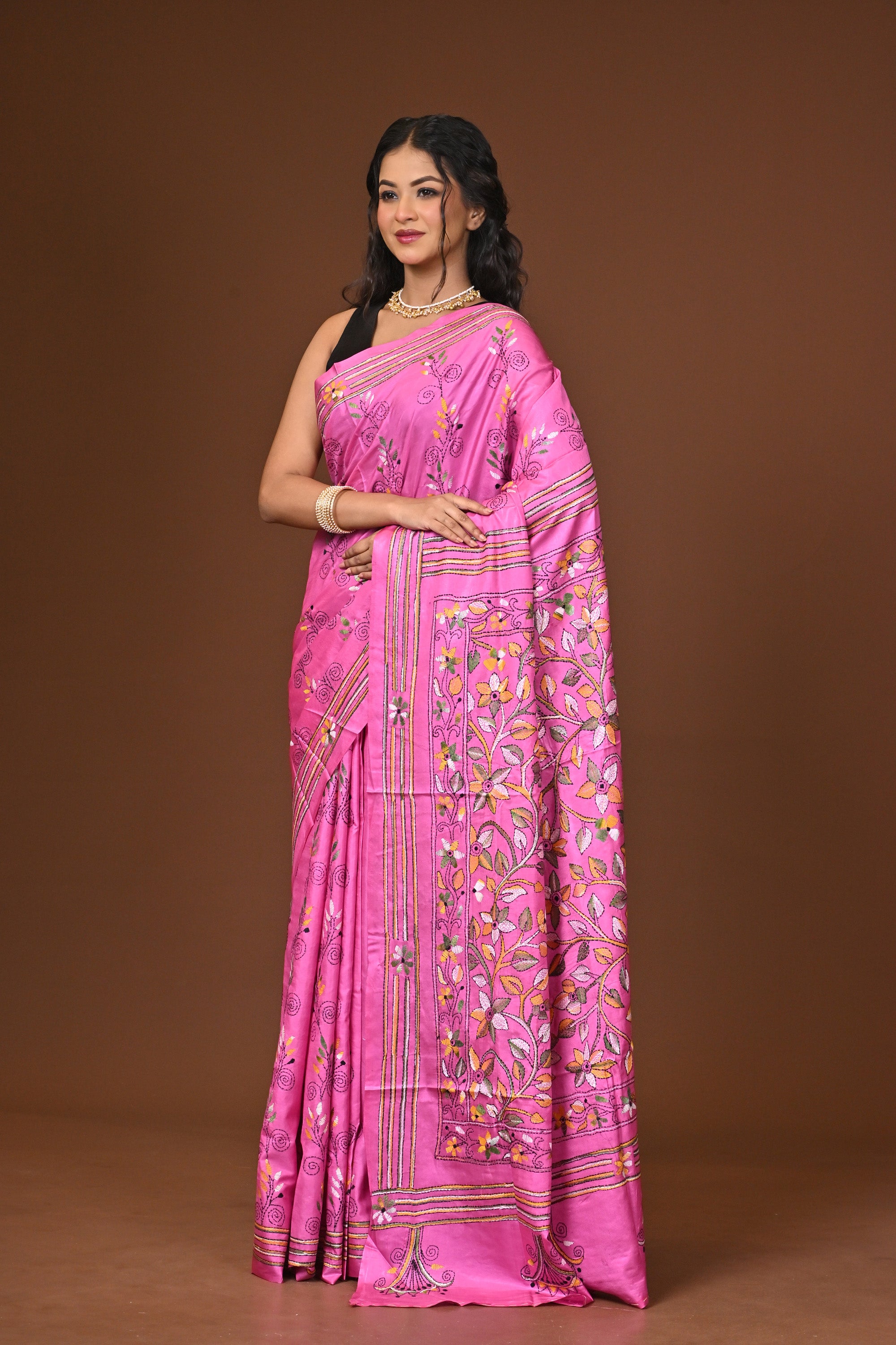 Blended Silk Kantha Stitch Saree Pink Thumbnail