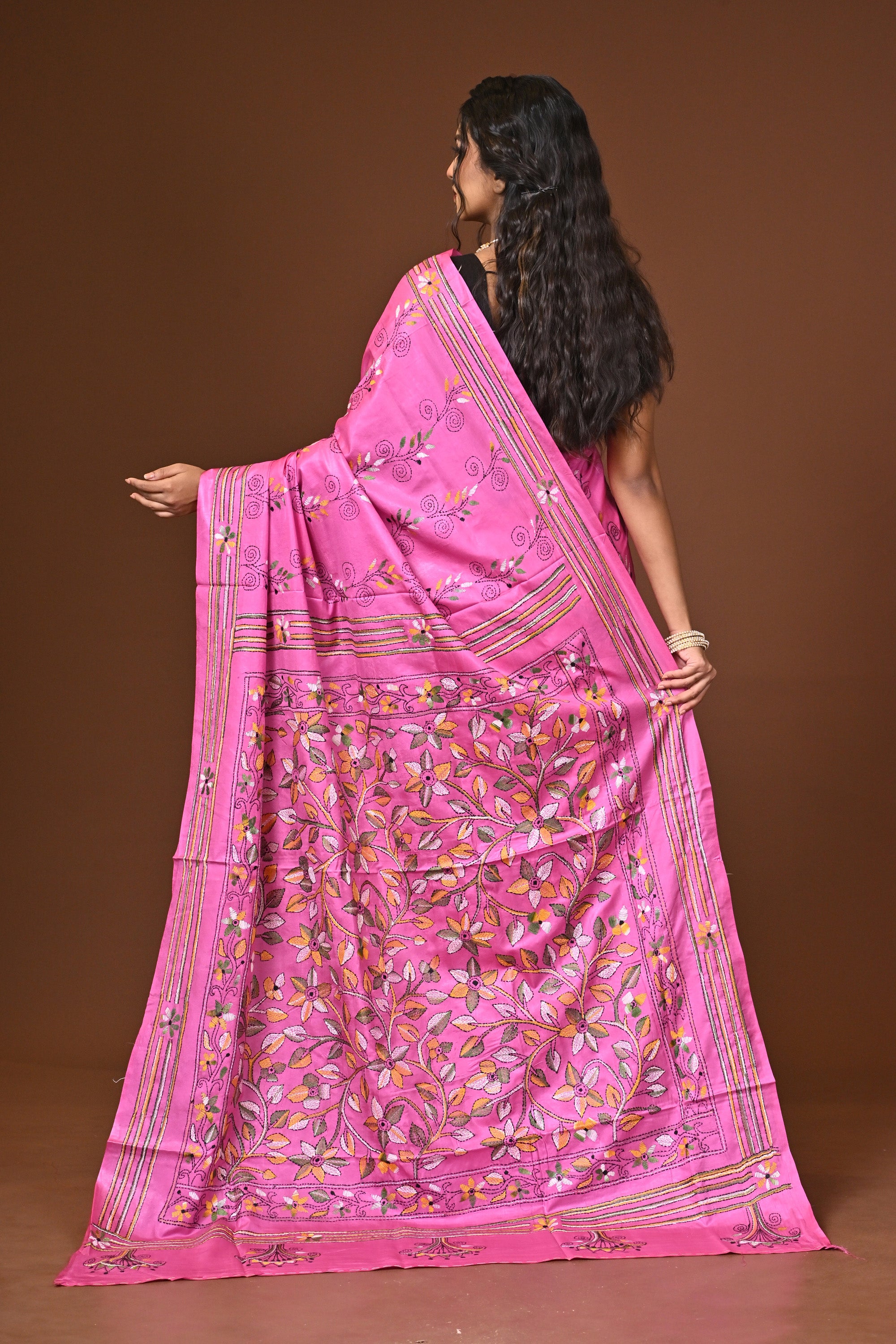 Blended Silk Kantha Stitch Saree Pink Thumbnail