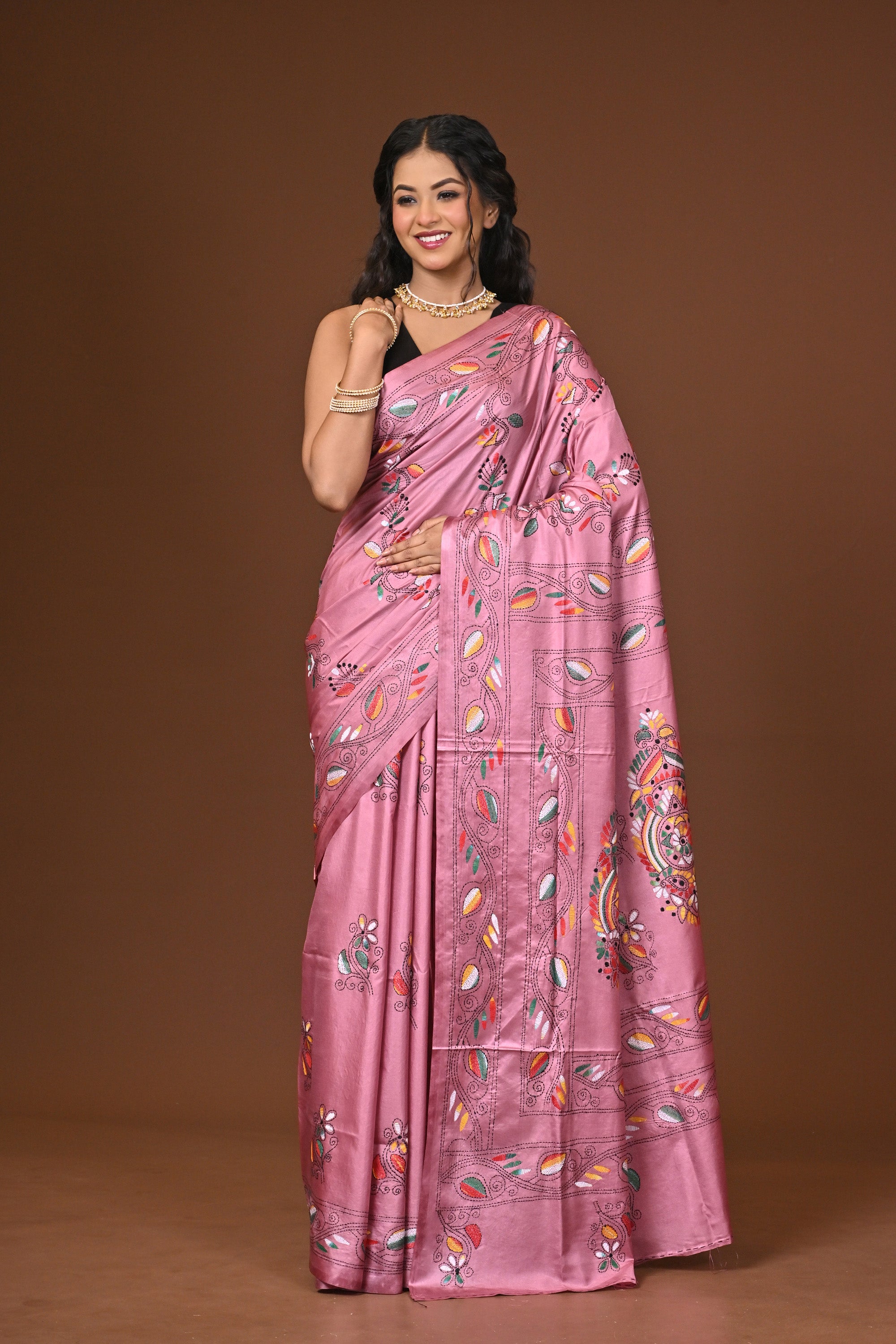 Blended Silk Kantha Stitch Saree Pink Thumbnail