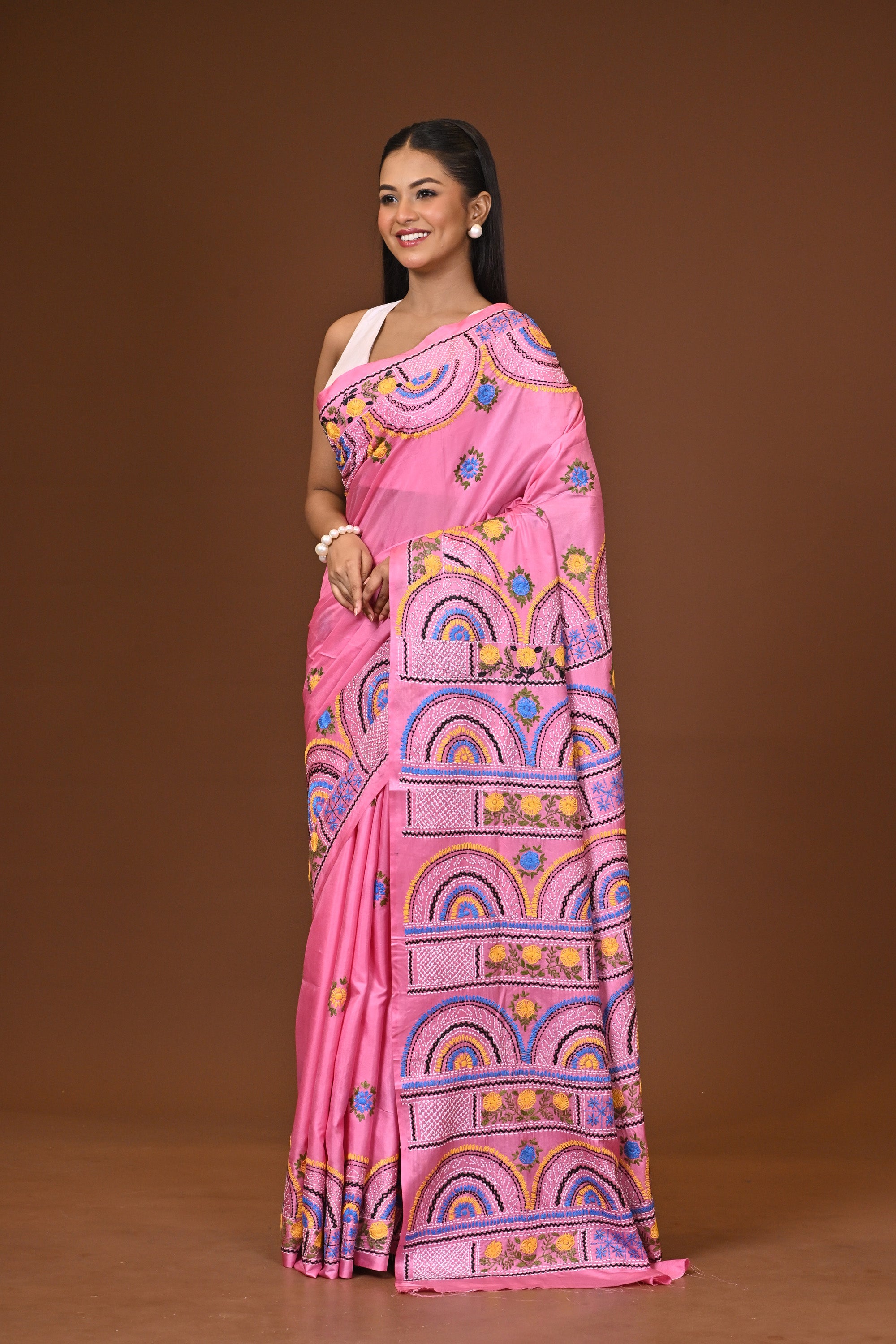 Blended Silk Kantha Stitch Saree Pink Thumbnail