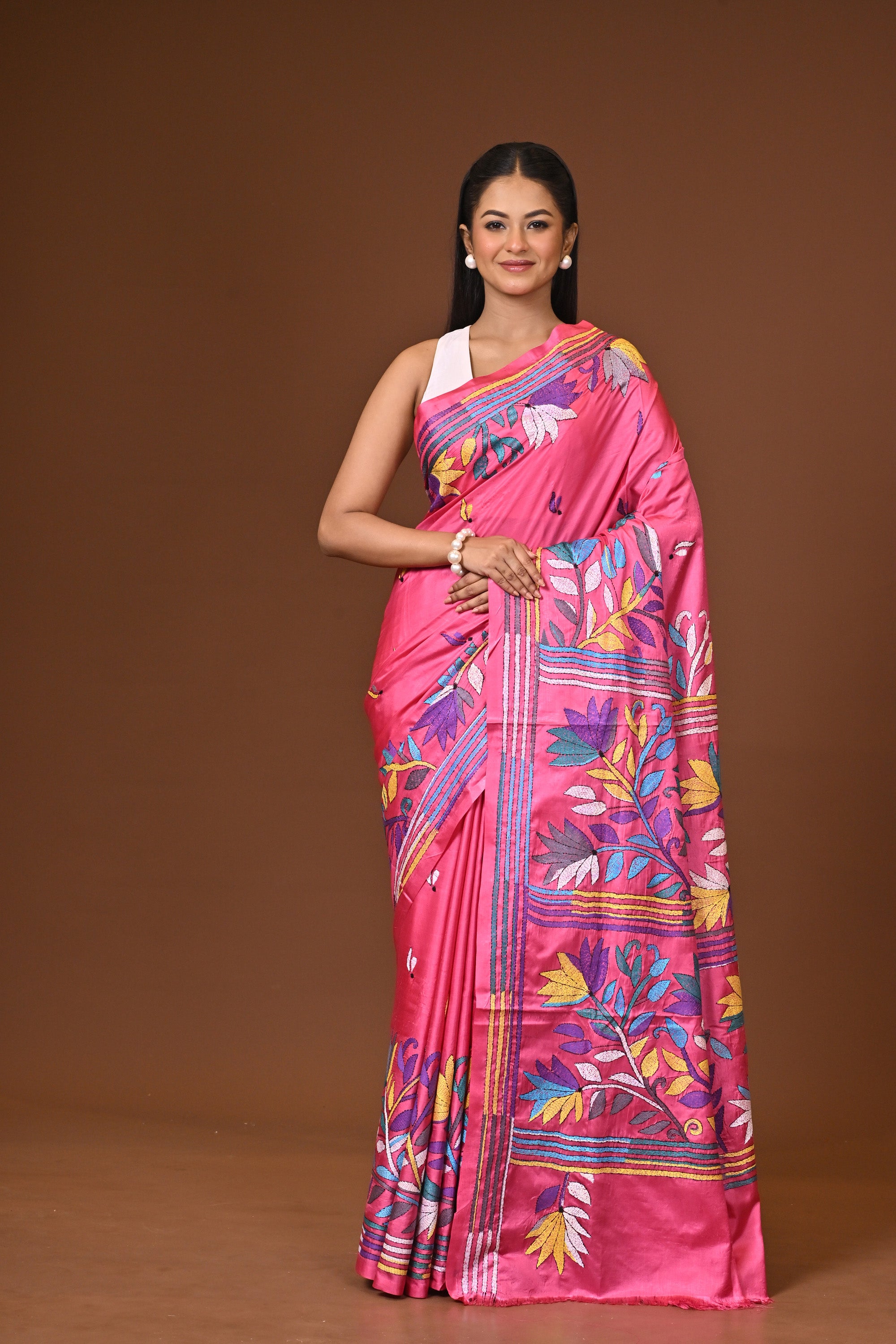 Blended Silk Kantha Stitch Saree Pink