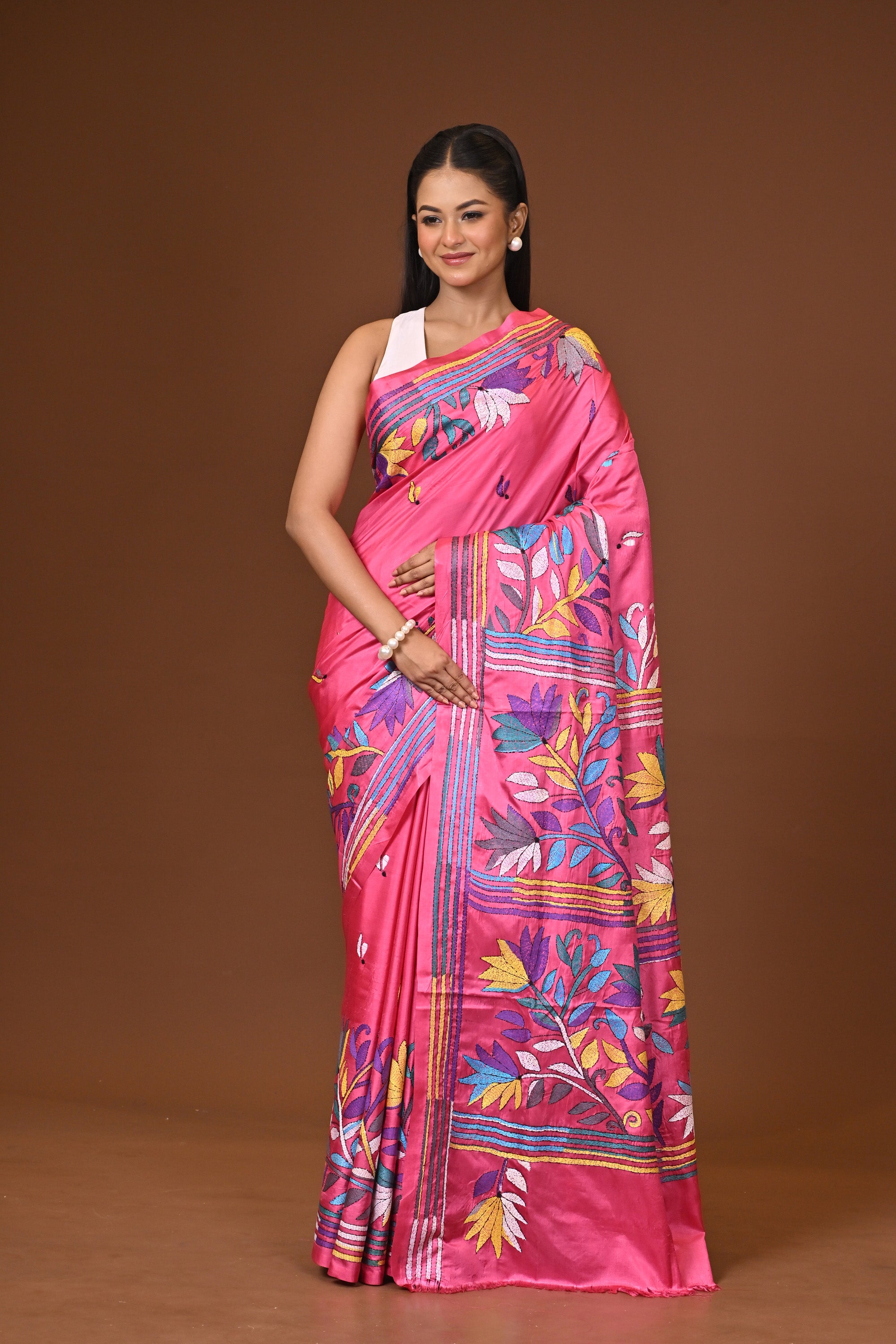 Blended Silk Kantha Stitch Saree Pink Thumbnail