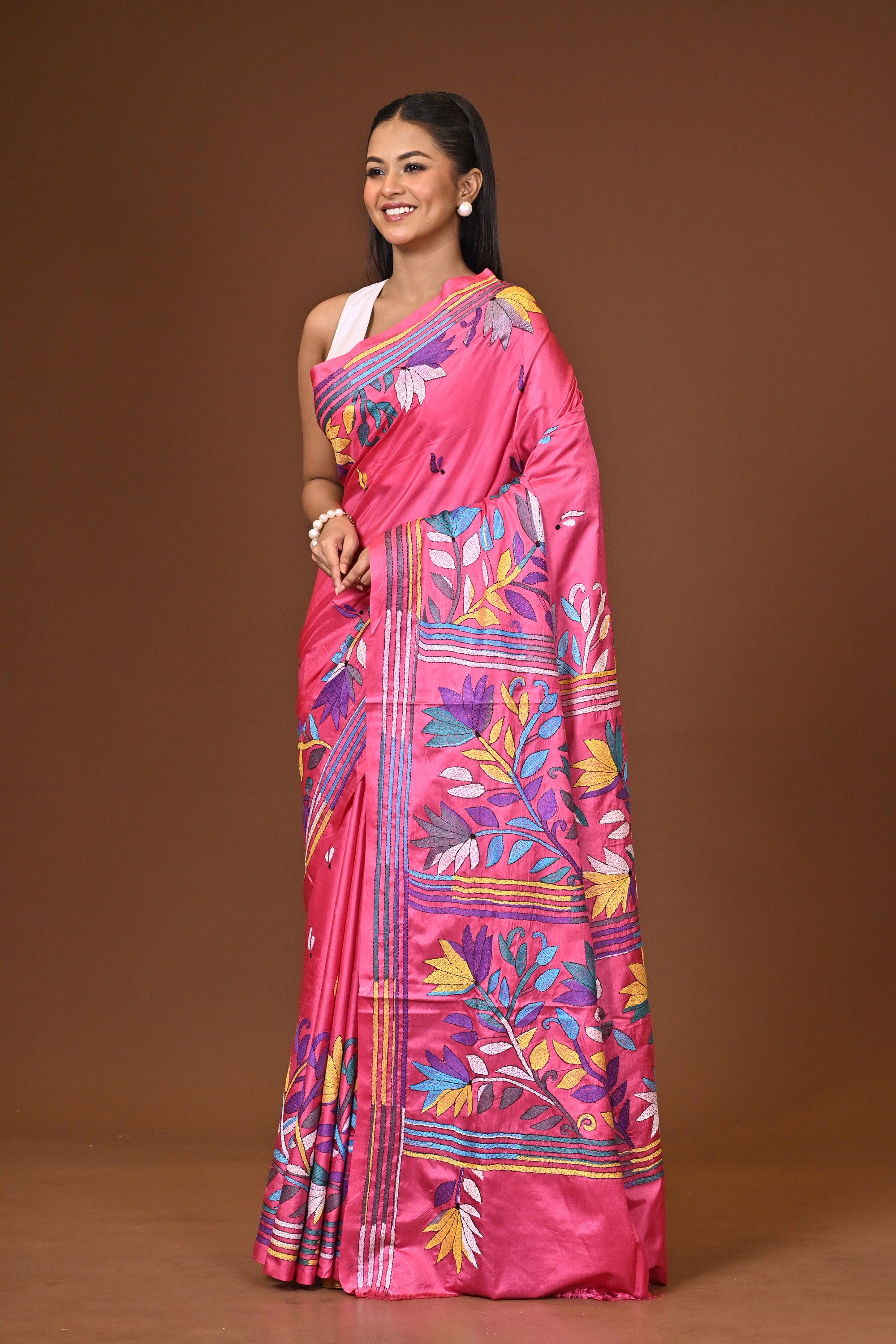 Blended Silk Kantha Stitch Saree Pink Thumbnail