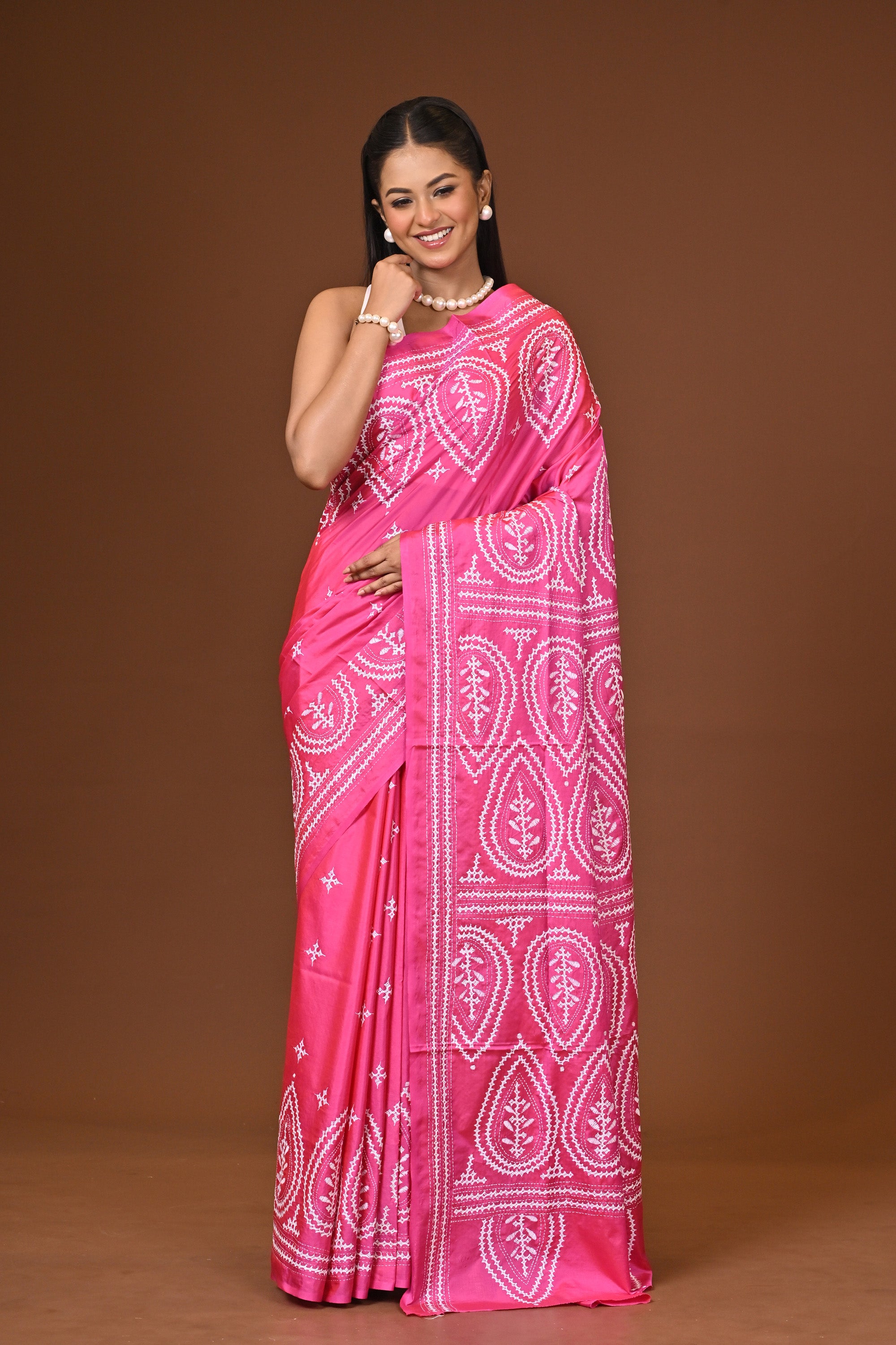 Blended Silk Kantha Stitch Saree Pink Thumbnail