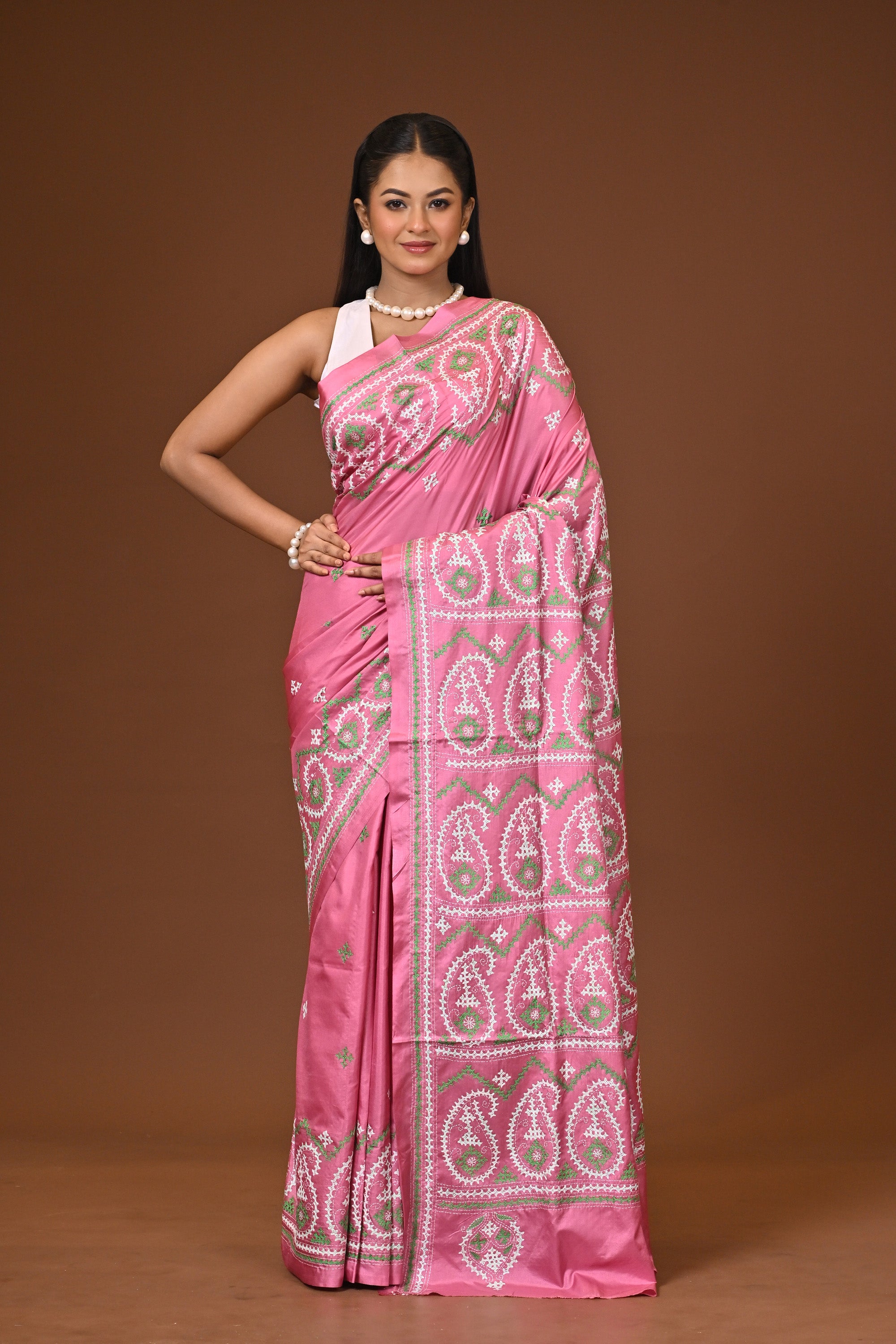 Blended Silk Kantha Stitch Saree Pink Thumbnail