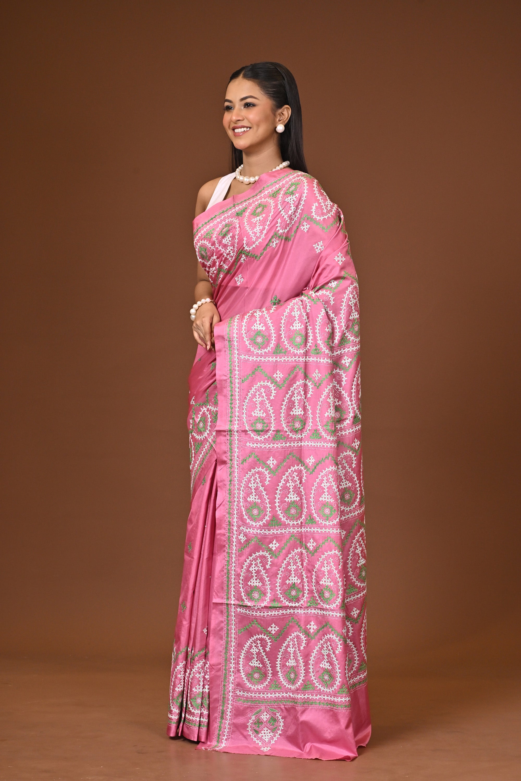 Blended Silk Kantha Stitch Saree Pink Thumbnail