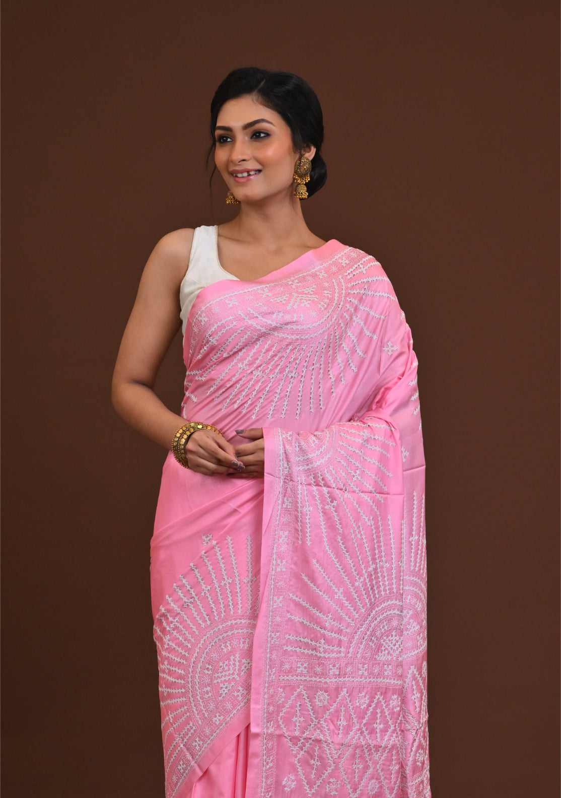 Blended Silk Kantha Stitch Saree Pink